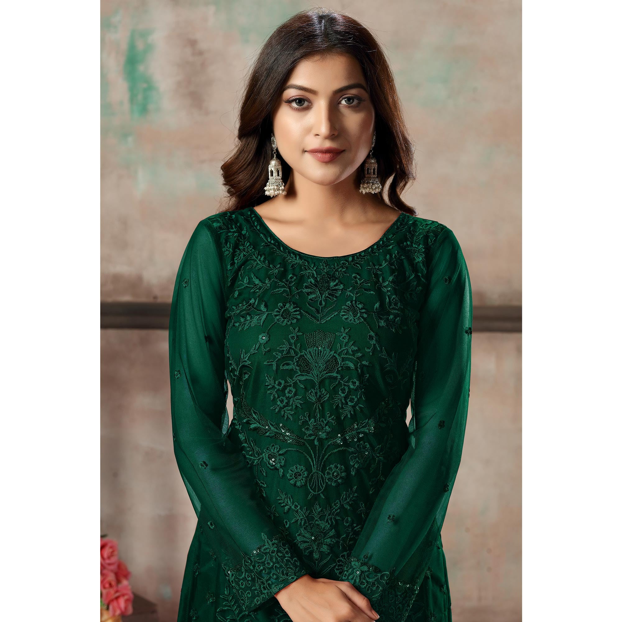 Green Floral Embroidered Net Suit