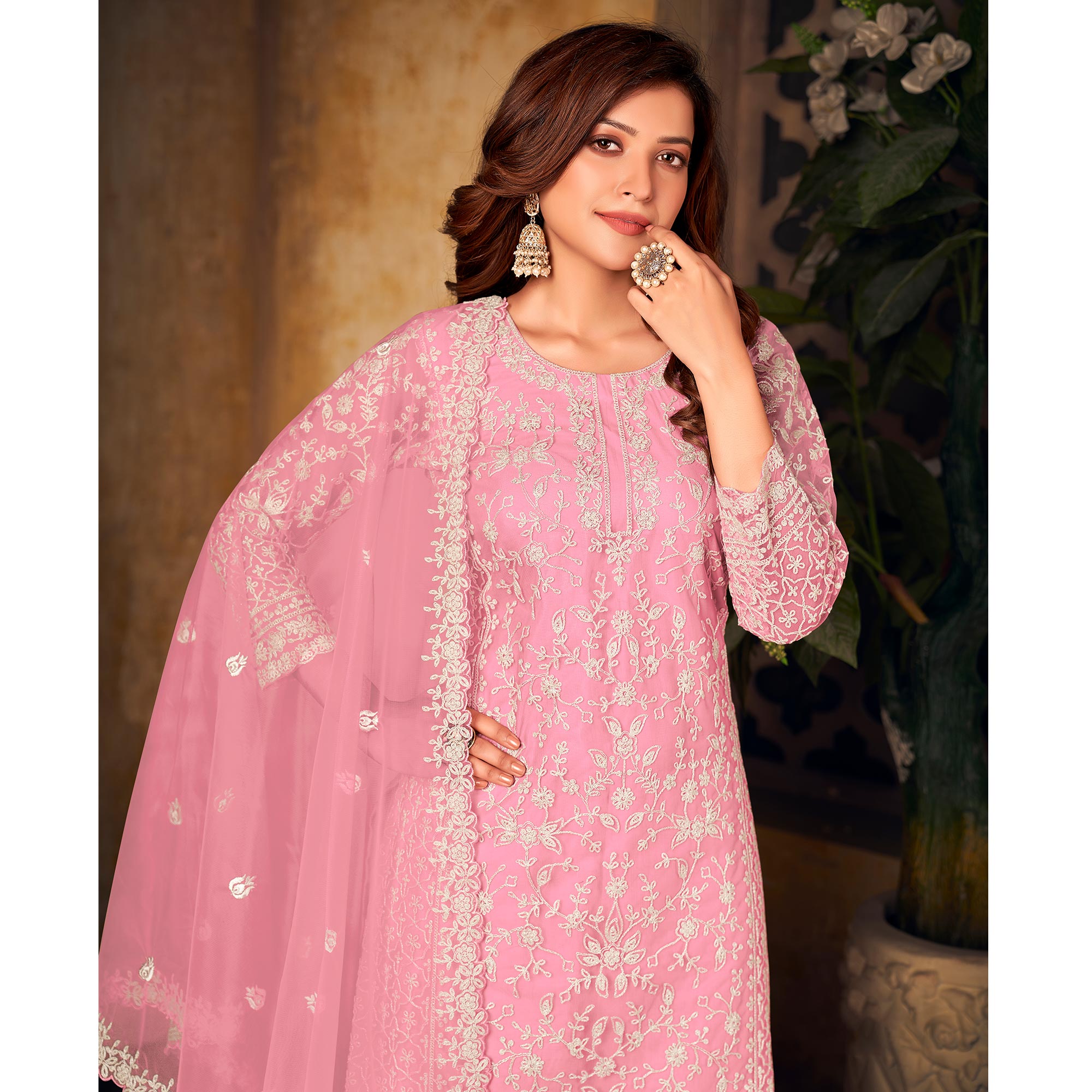 Pink Floral Embroidered Net Semi Stitched Suit