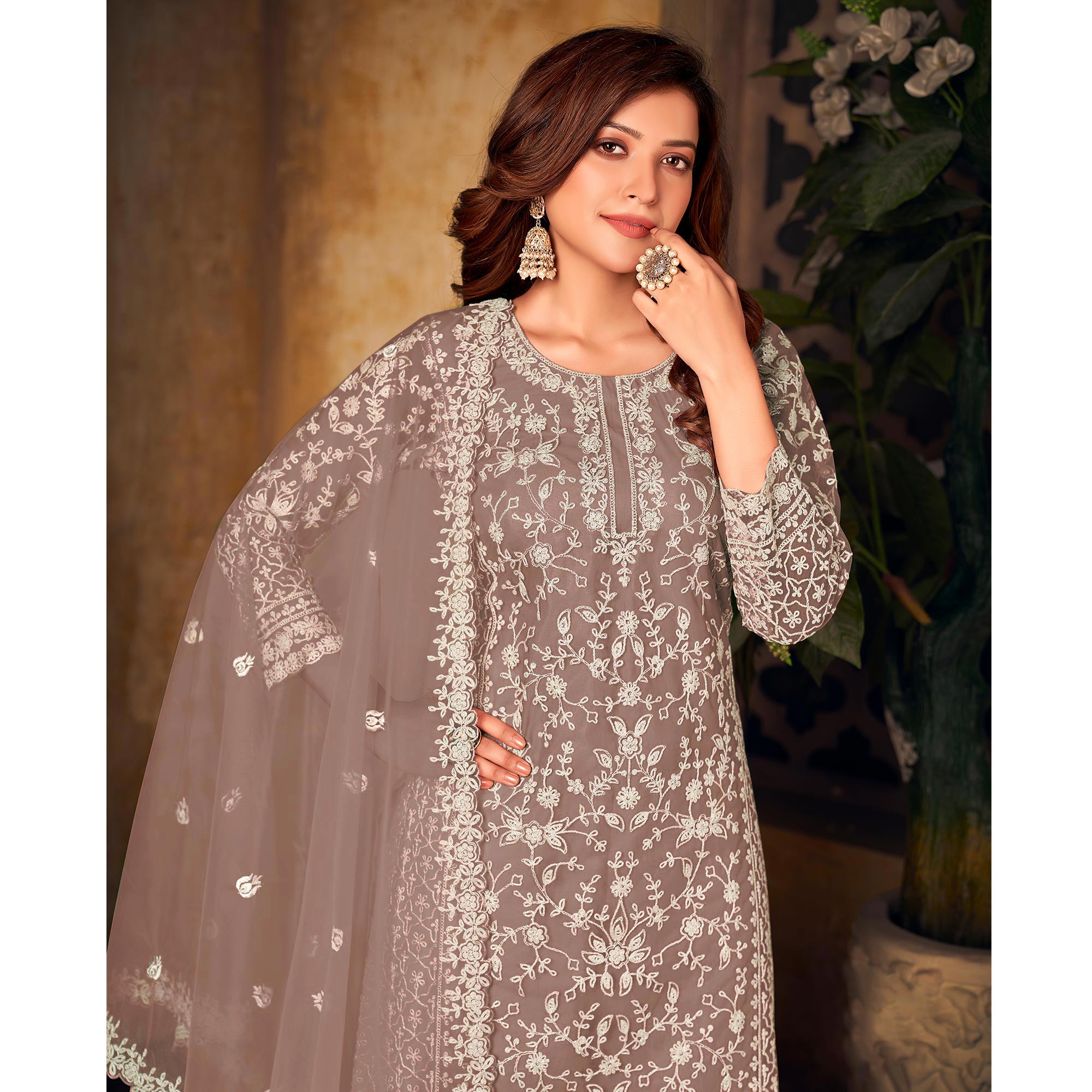 Dusty Brown Floral Embroidered Net Semi Stitched Suit