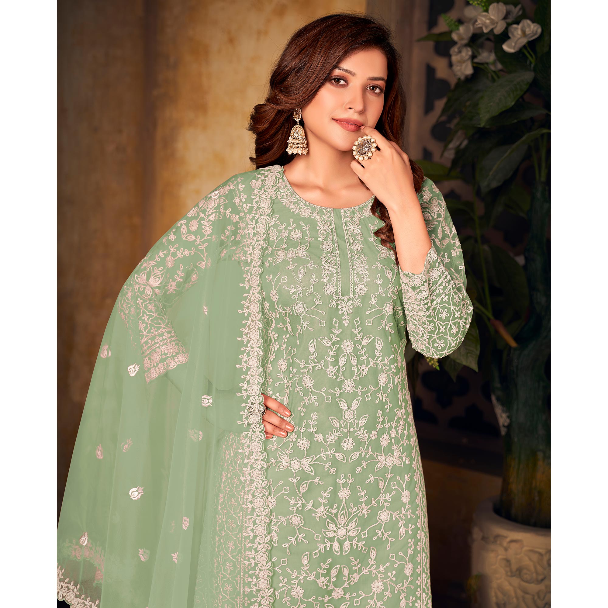 Green Floral Embroidered Net Semi Stitched Suit