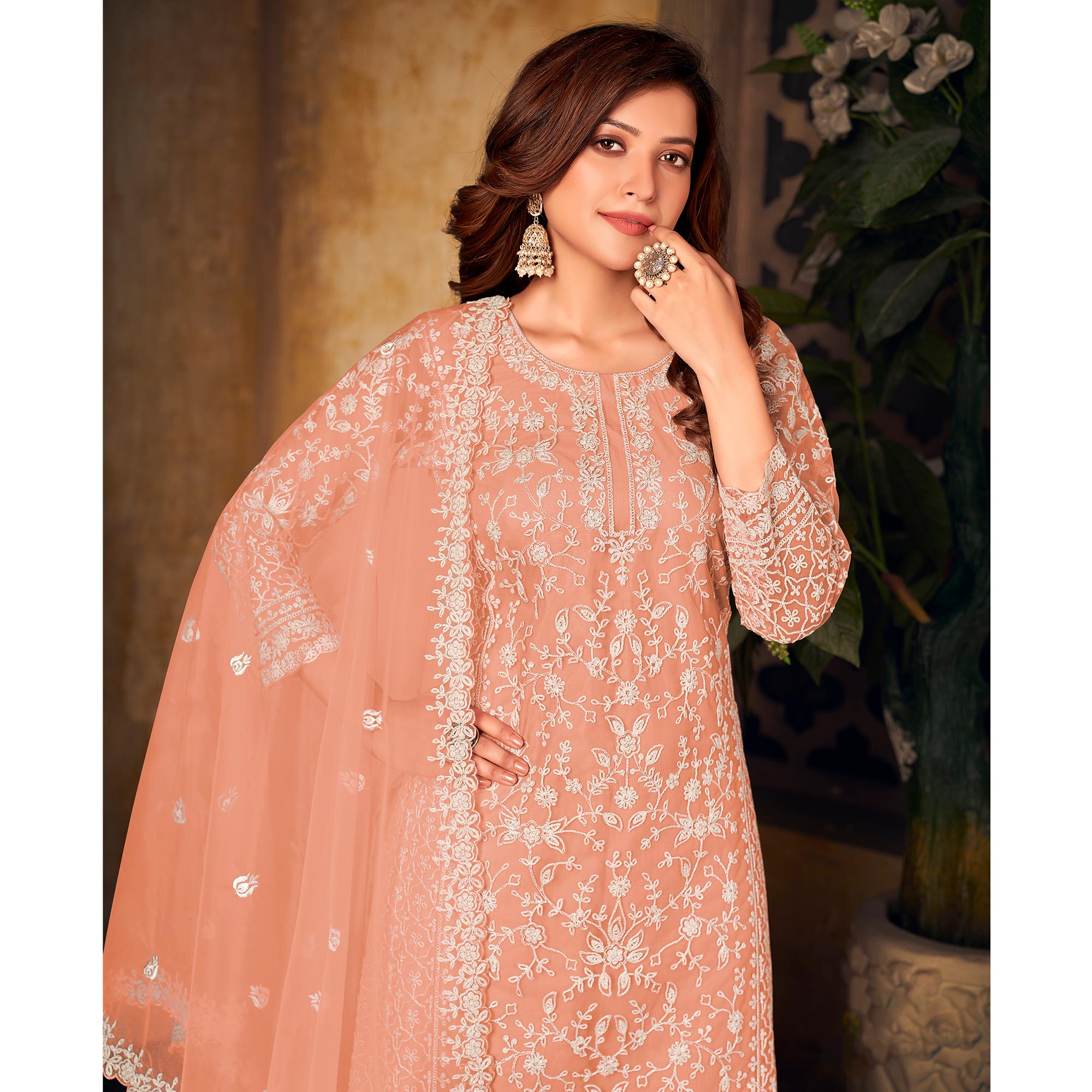 Peach Floral Embroidered Net Semi Stitched Suit