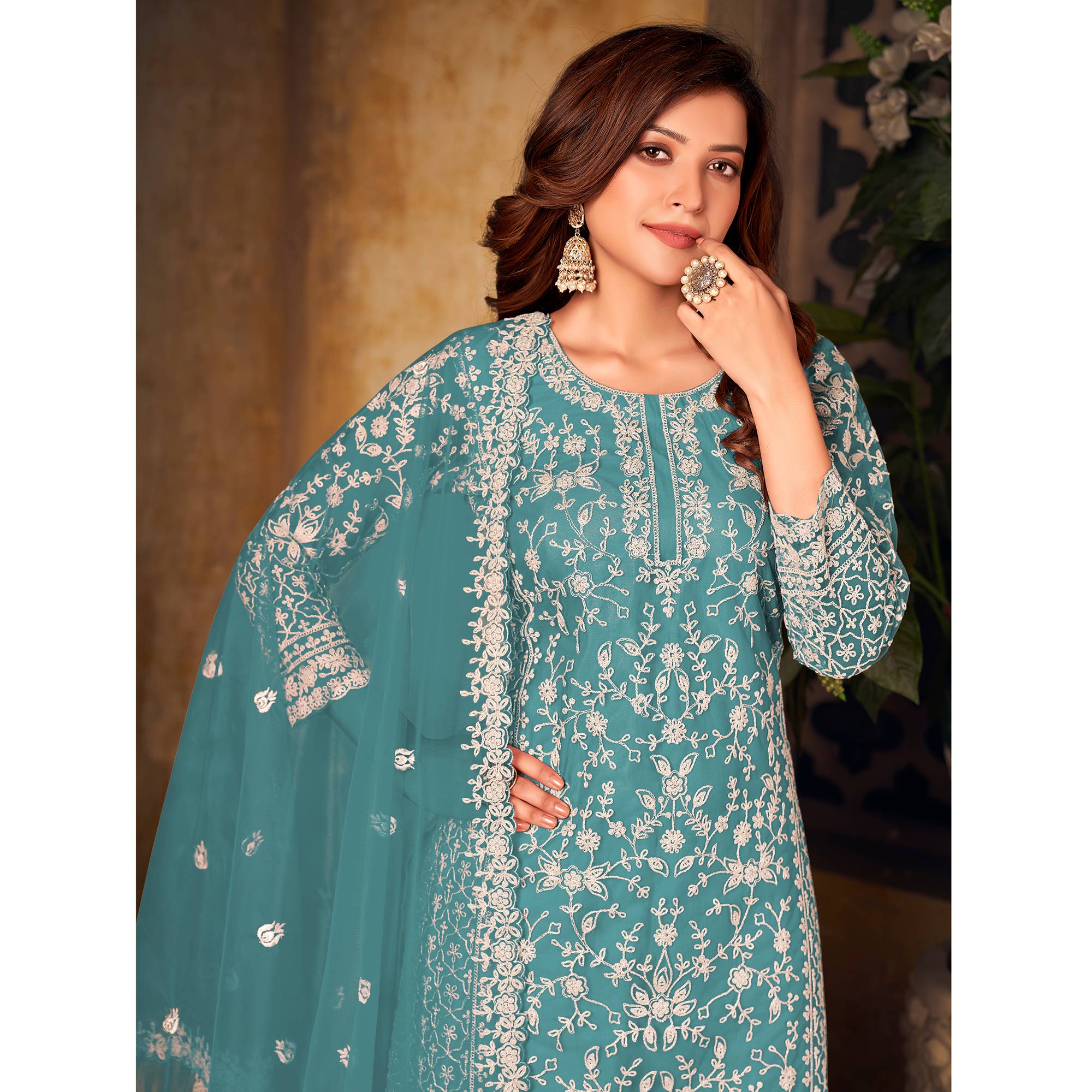 Blue Floral Embroidered Net Semi Stitched Suit