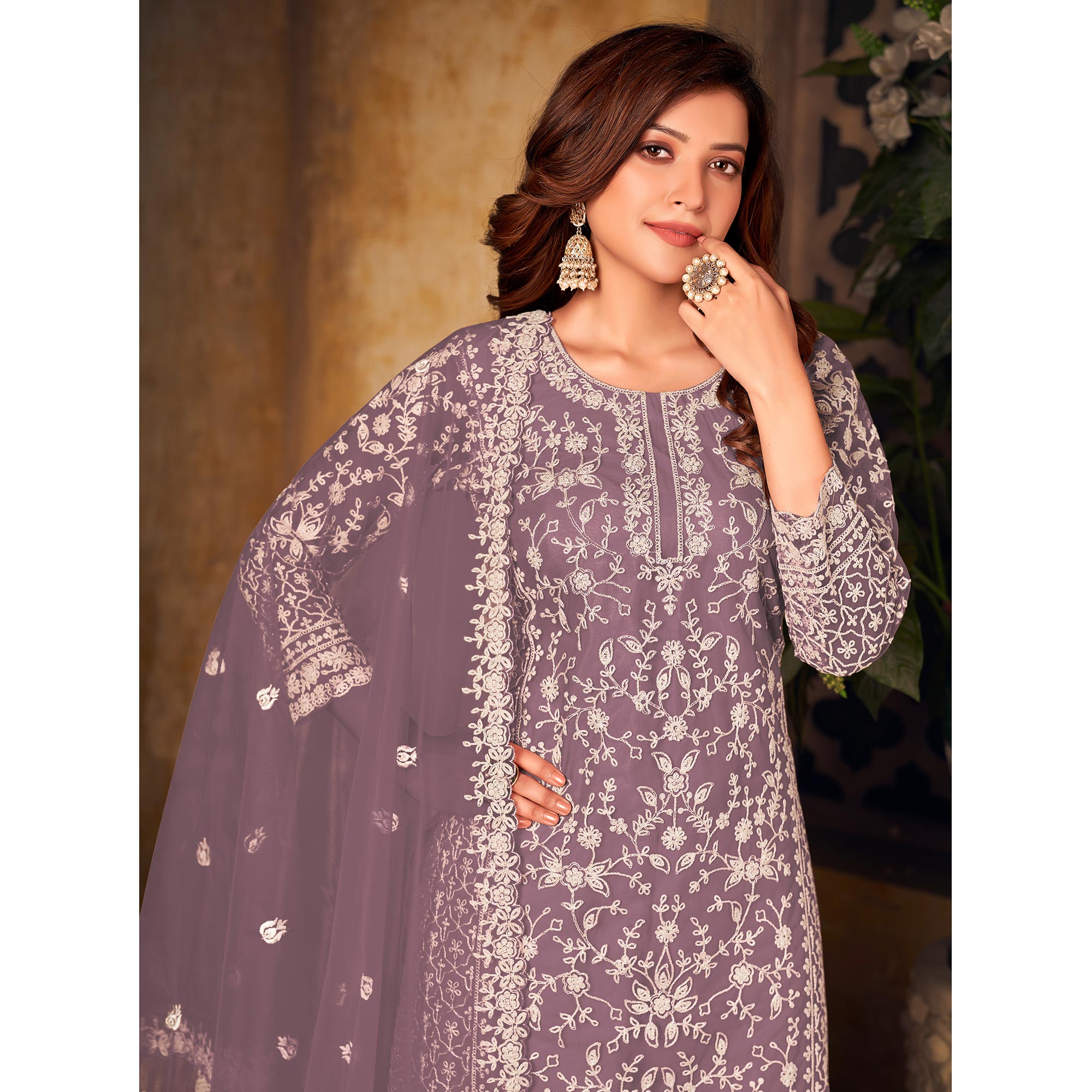 Purple Floral Embroidered Net Semi Stitched Suit