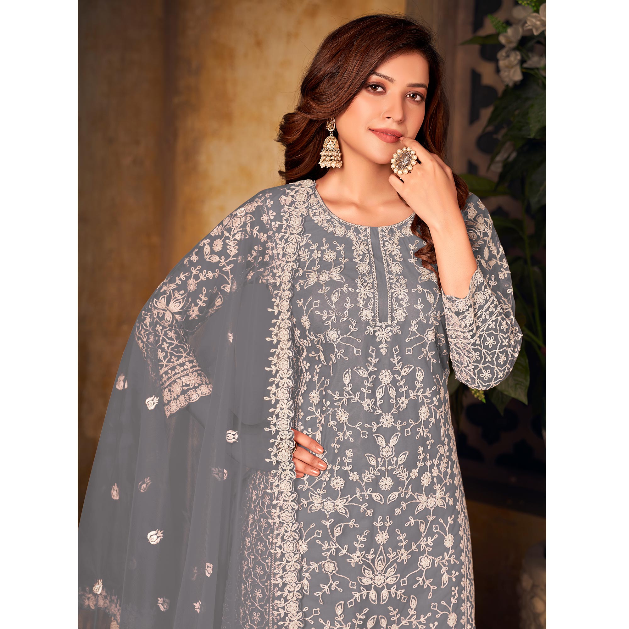 Grey Floral Embroidered Net Semi Stitched Suit