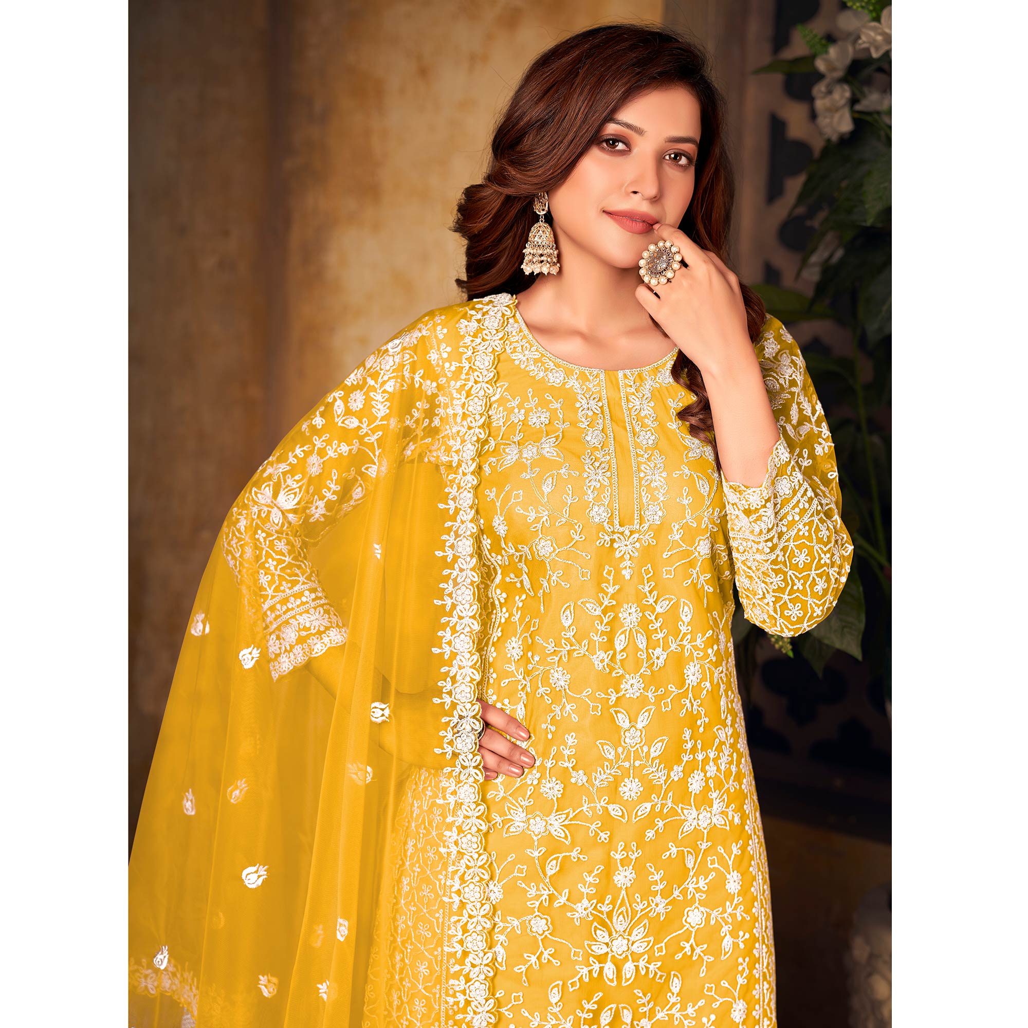 Yellow Floral Embroidered Net Semi Stitched Suit