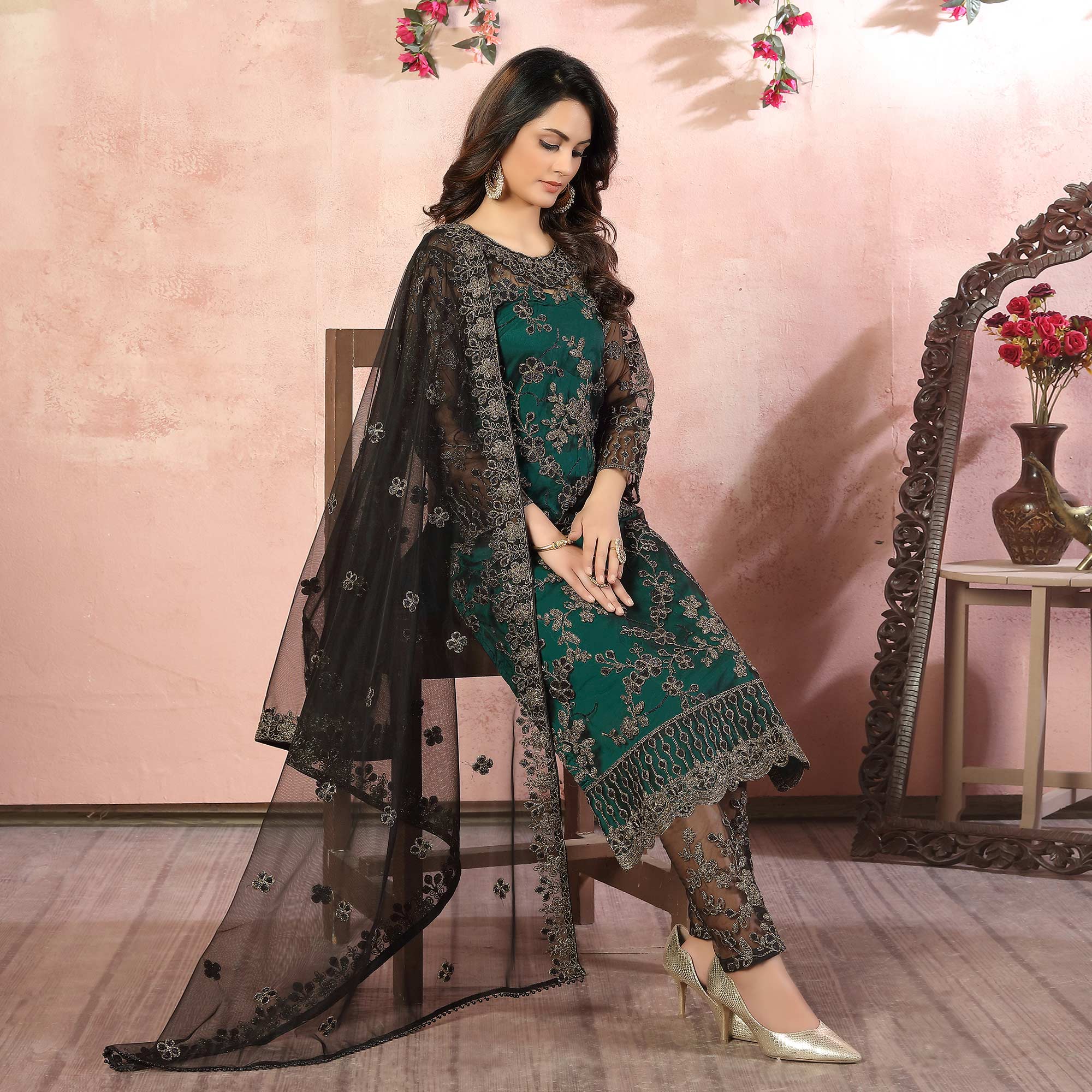 Green Floral Embroidered Net Semi Stitched Suit