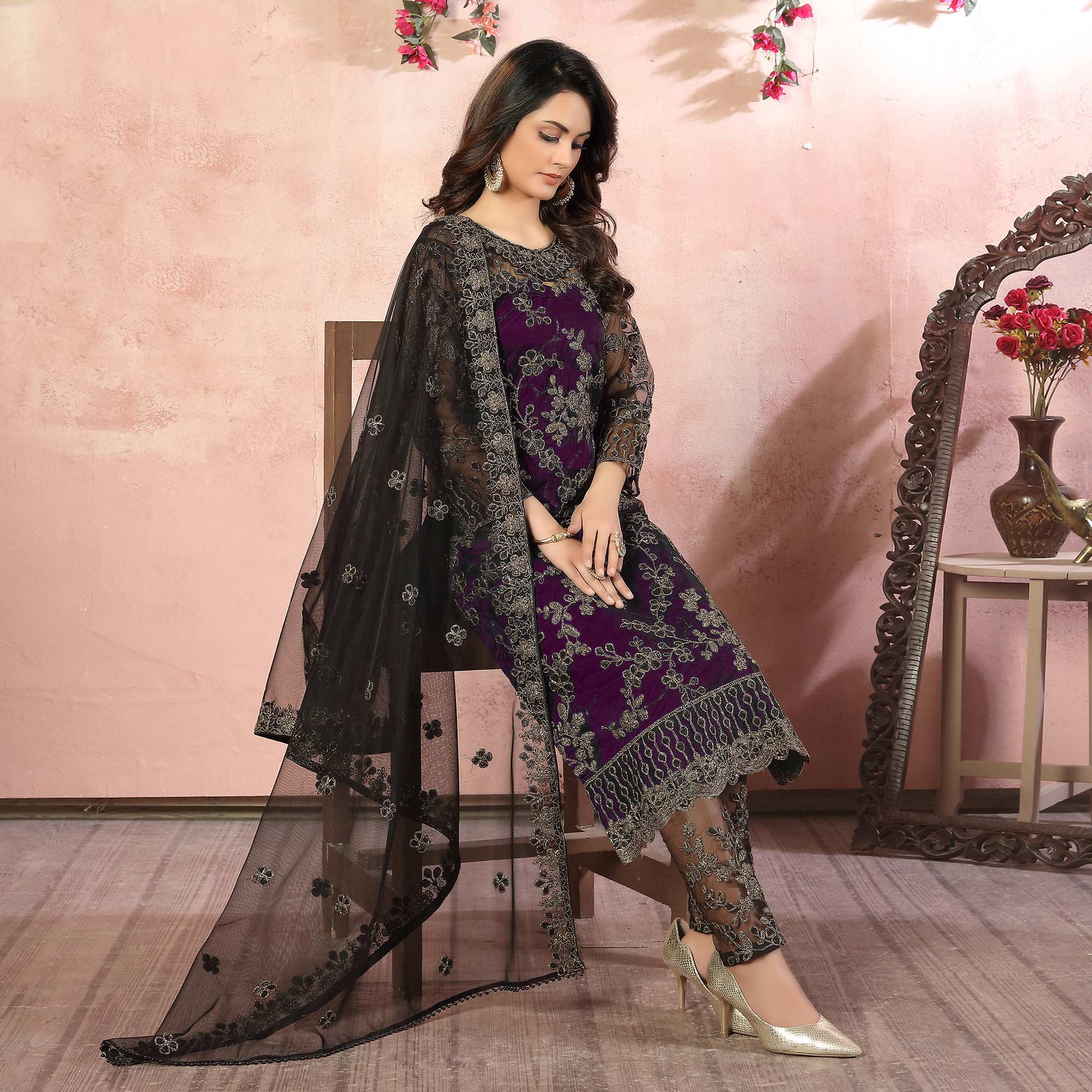 Purple Floral Embroidered Net Semi Stitched Suit