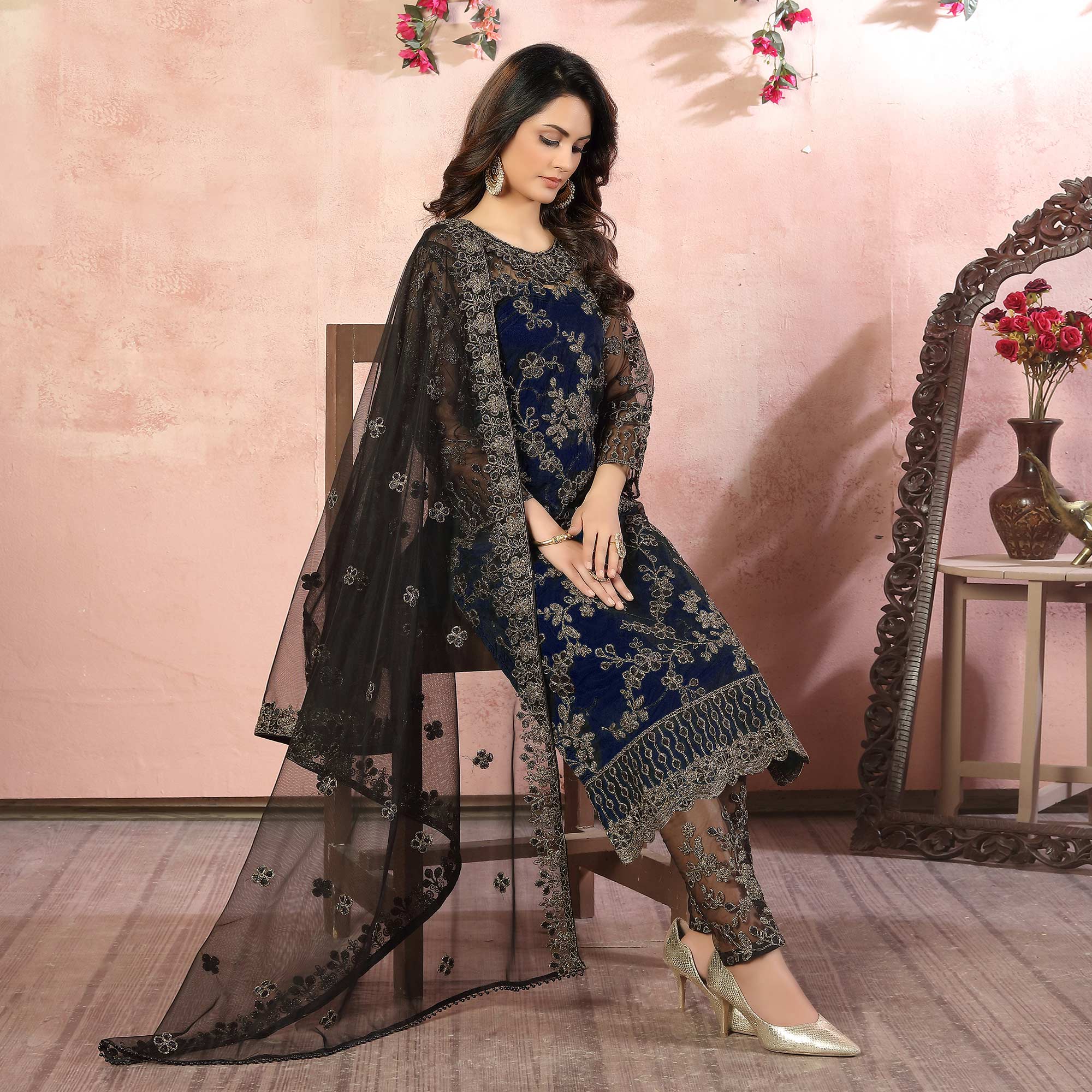 Blue Floral Embroidered Net Semi Stitched Suit