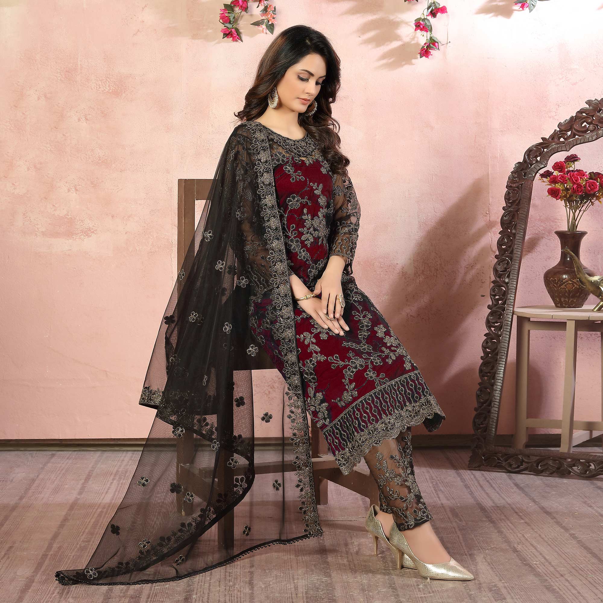 Maroon Floral Embroidered Net Semi Stitched Suit