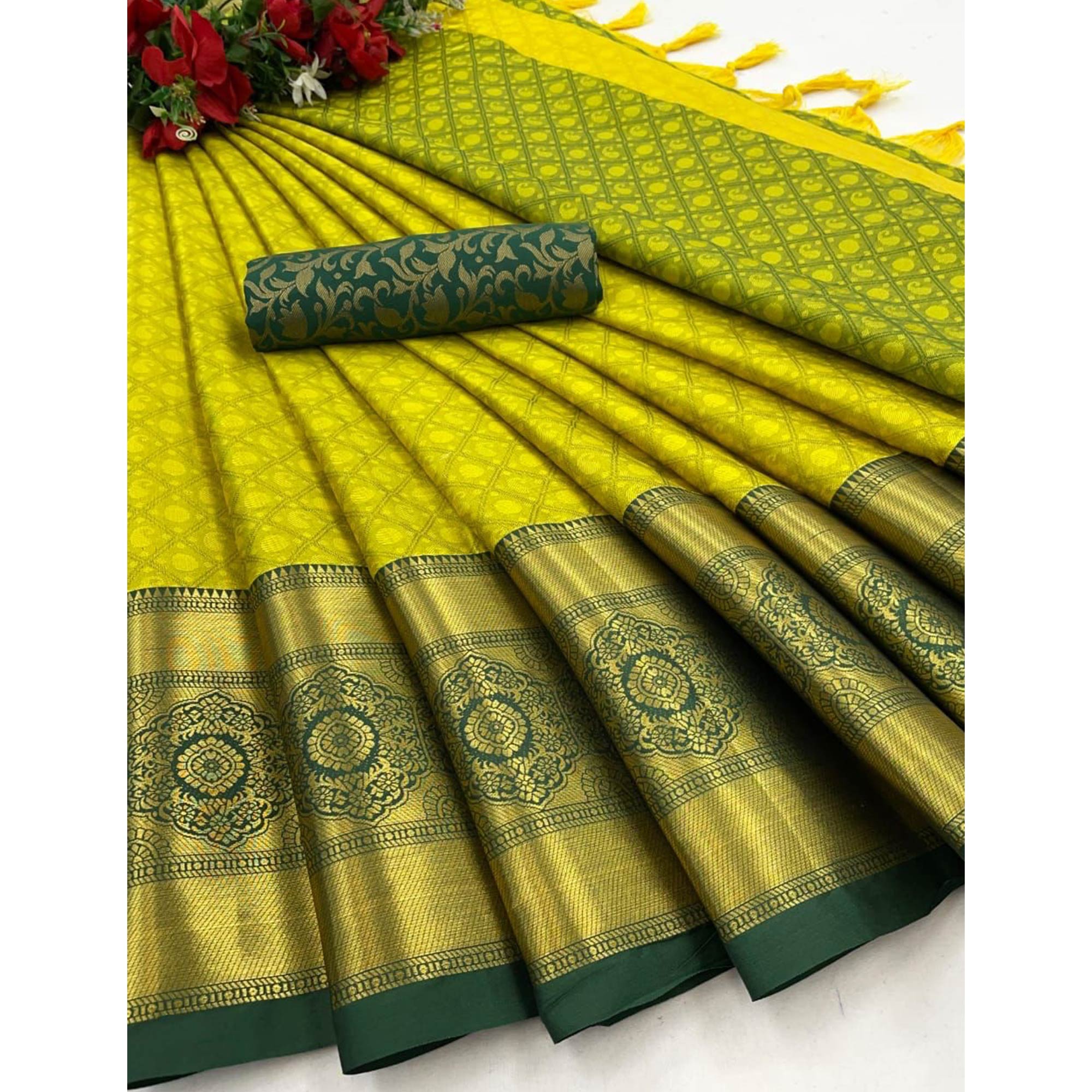 Lime Green Silk Blend Saree With Exquisite Zari Weaving & Graceful Tassels