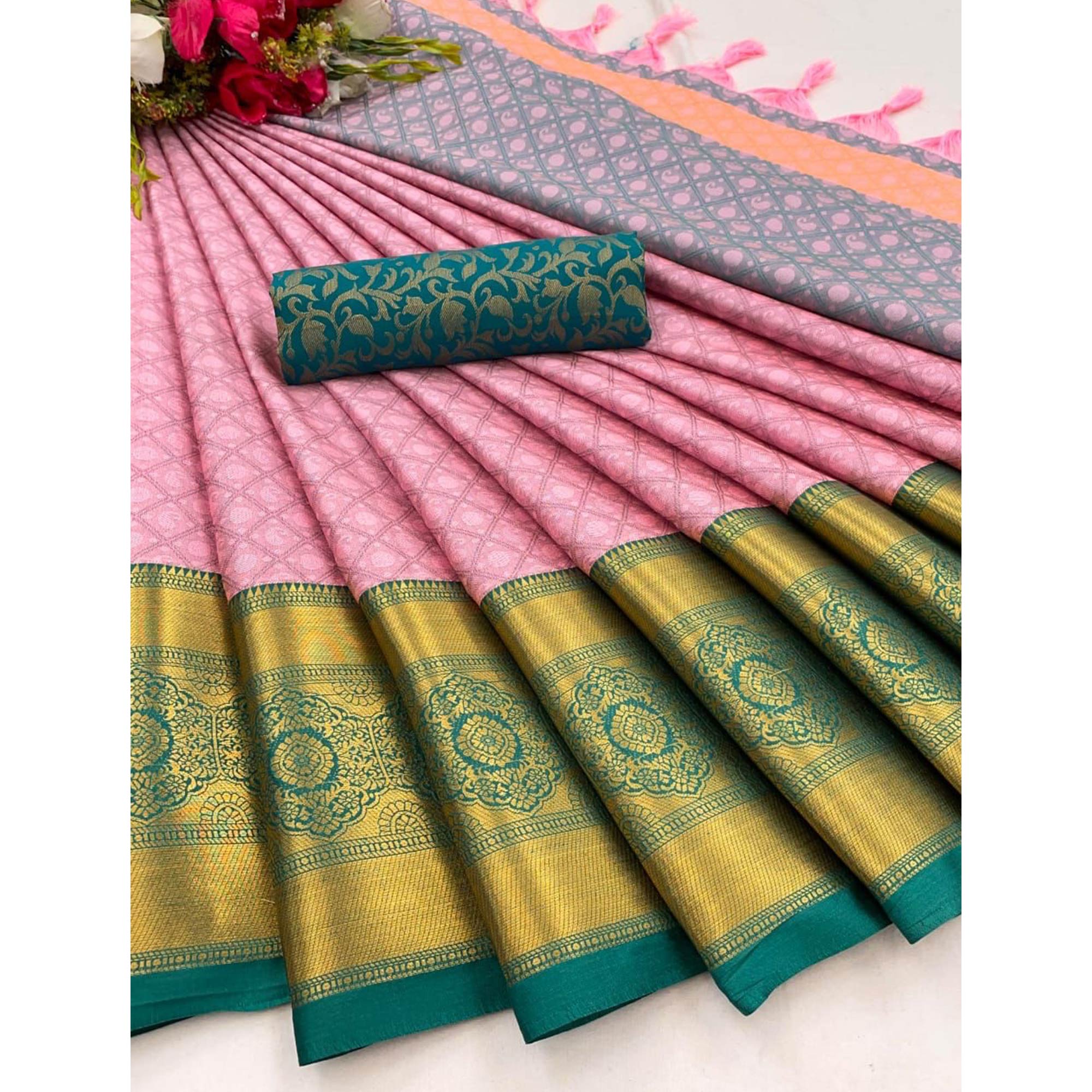 Pink Silk Blend Saree With Exquisite Zari Weaving & Graceful Tassels