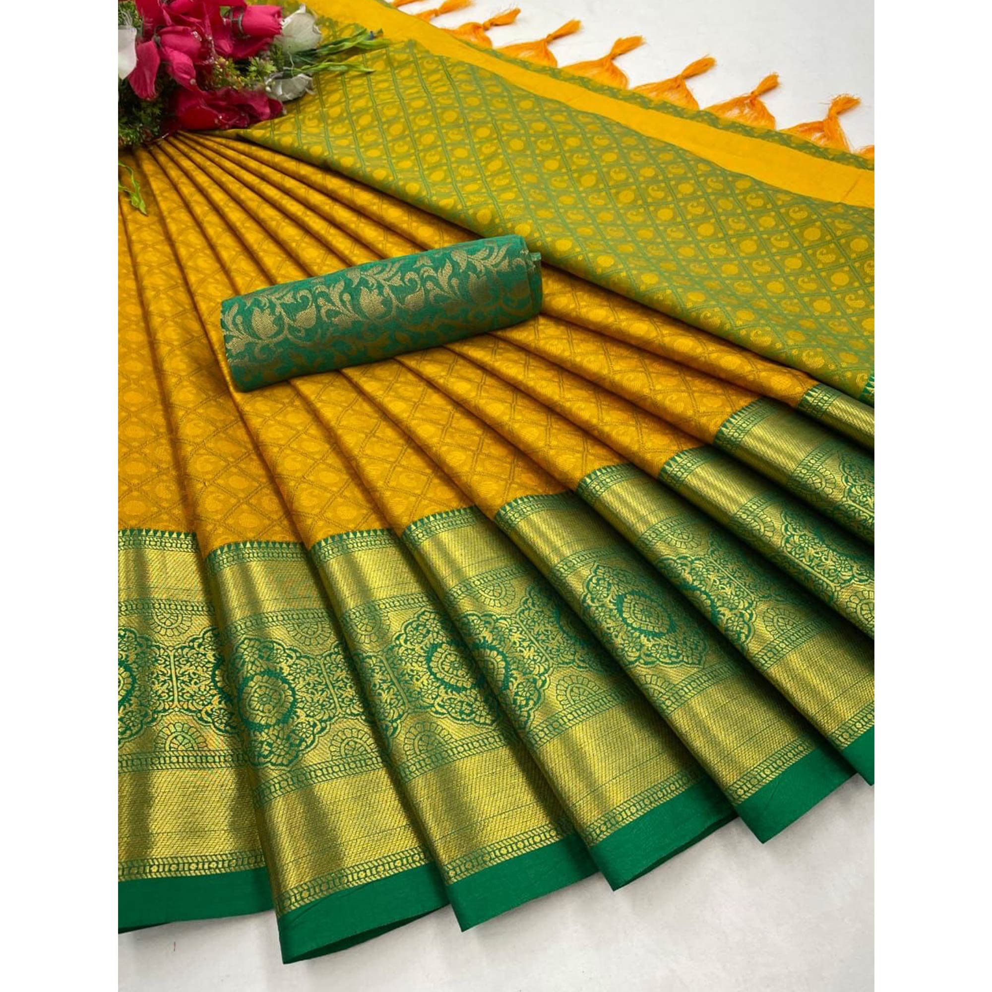 Mustard Silk Blend Saree With Exquisite Zari Weaving & Graceful Tassels