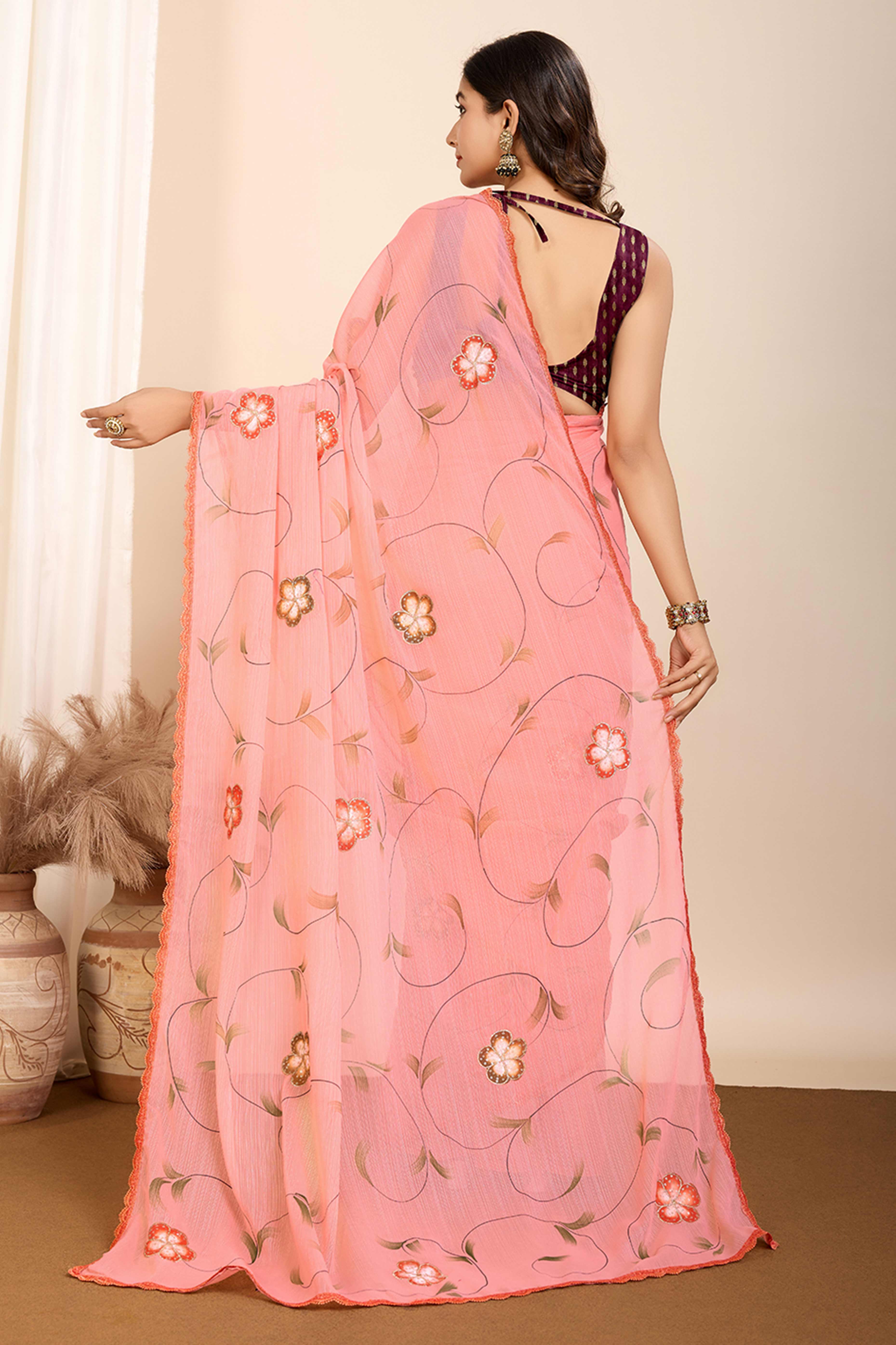 Peach Floral Printed Georgette Saree