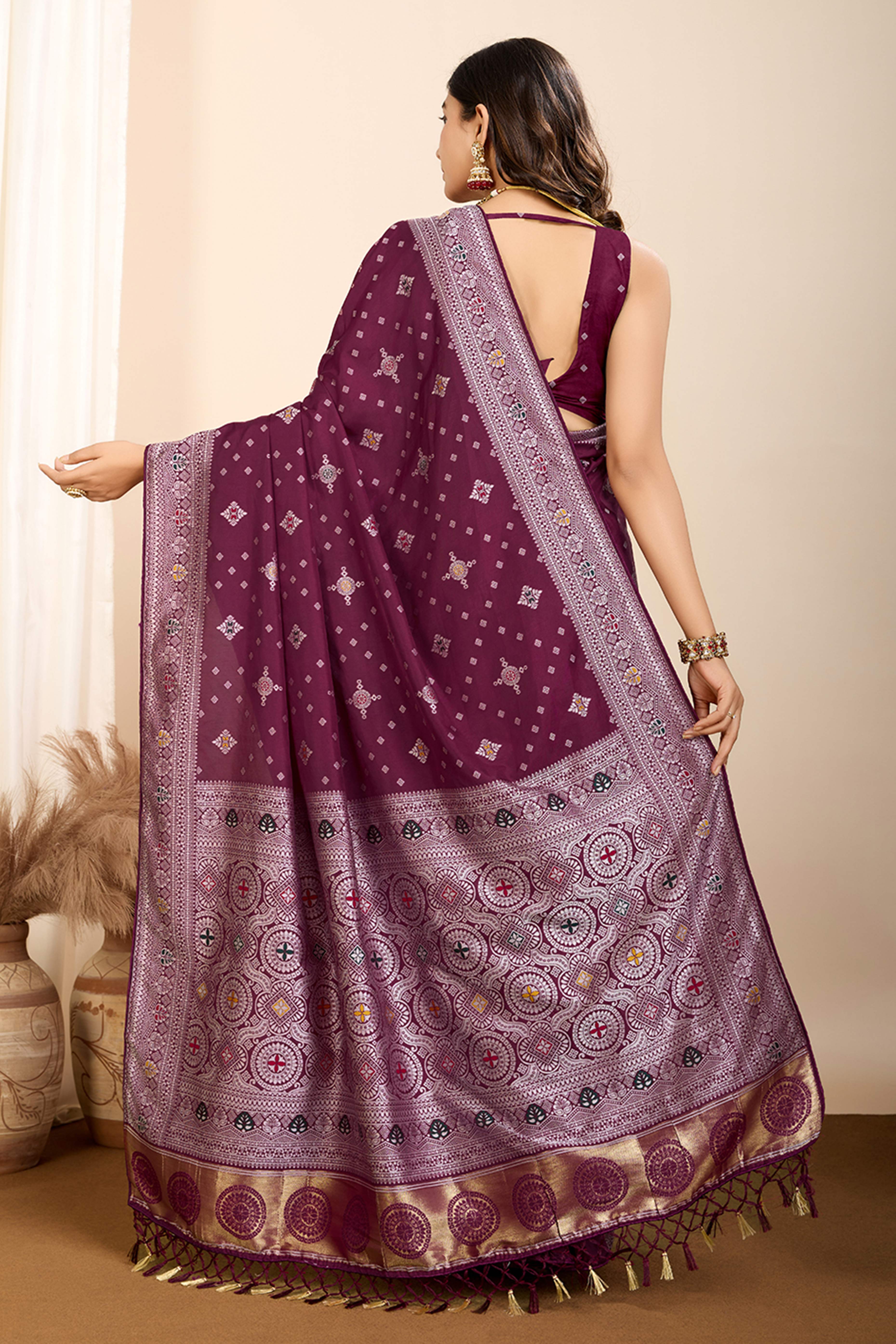 Wine Minakari Weaving Pure Silk Saree