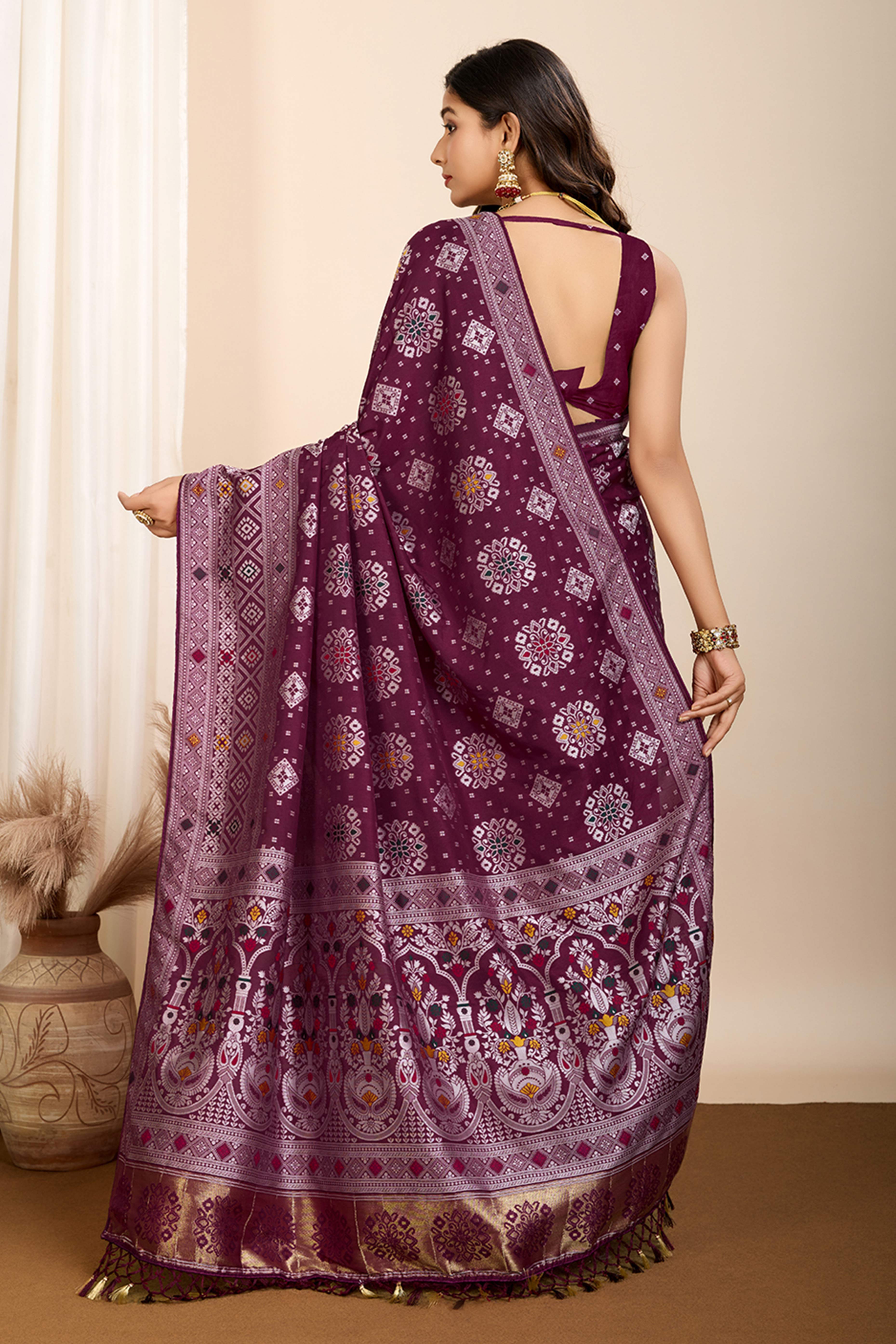 Wine Minakari Weaving Pure Silk Saree