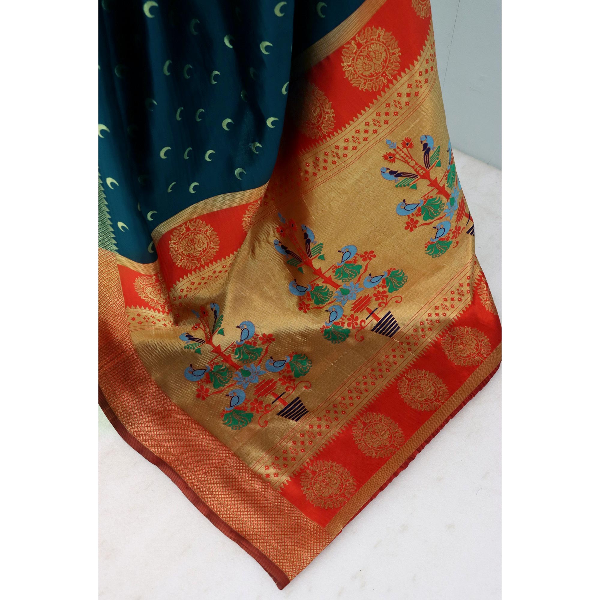 Dark Teal Blue Woven Pure Silk Chandrakor Paithani Saree
