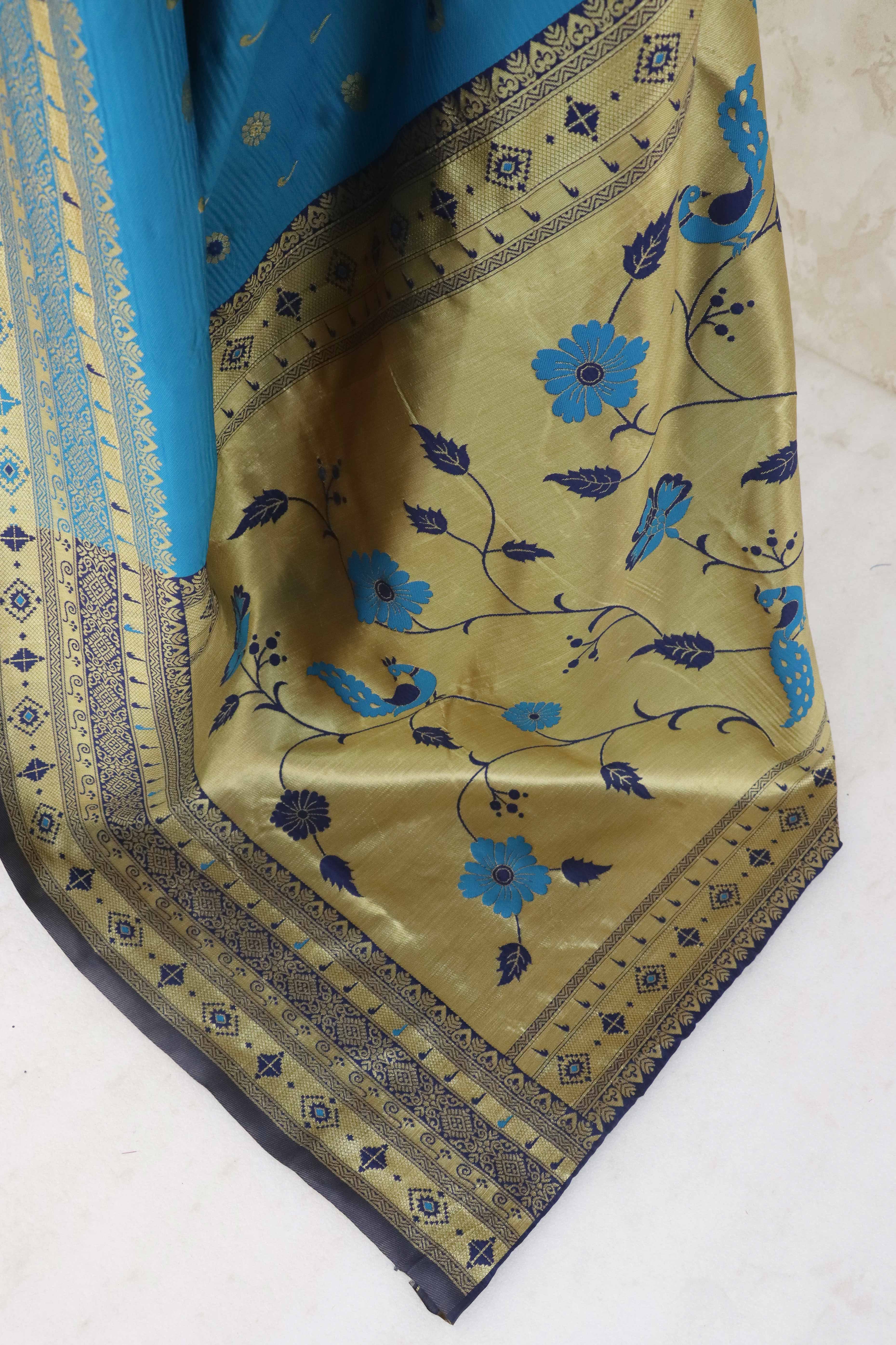 Blue Pure Silk Paithani Saree With Intricate Floral Zari Weaving