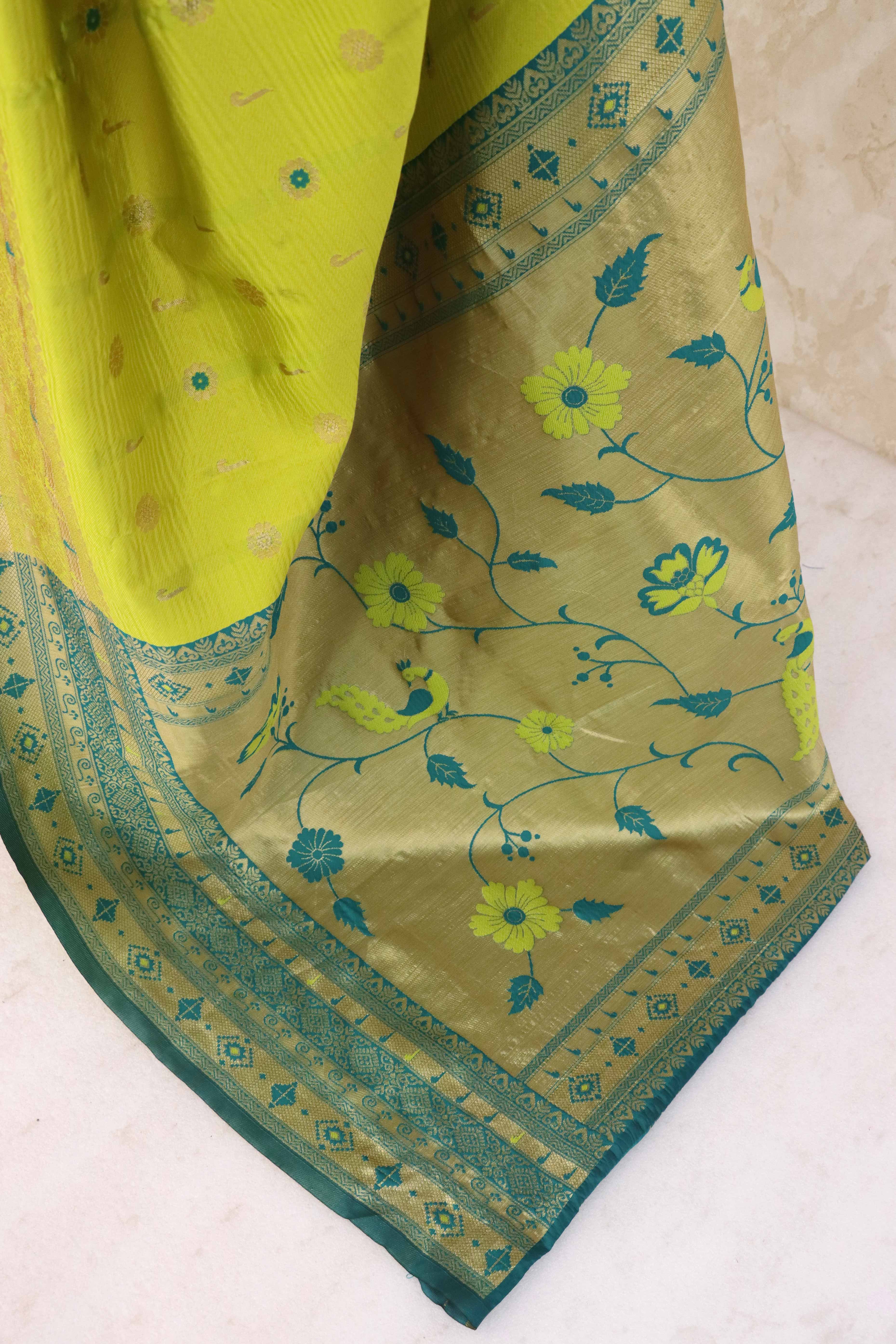 Lemon Green Pure Silk Paithani Saree With Intricate Floral Zari Weaving