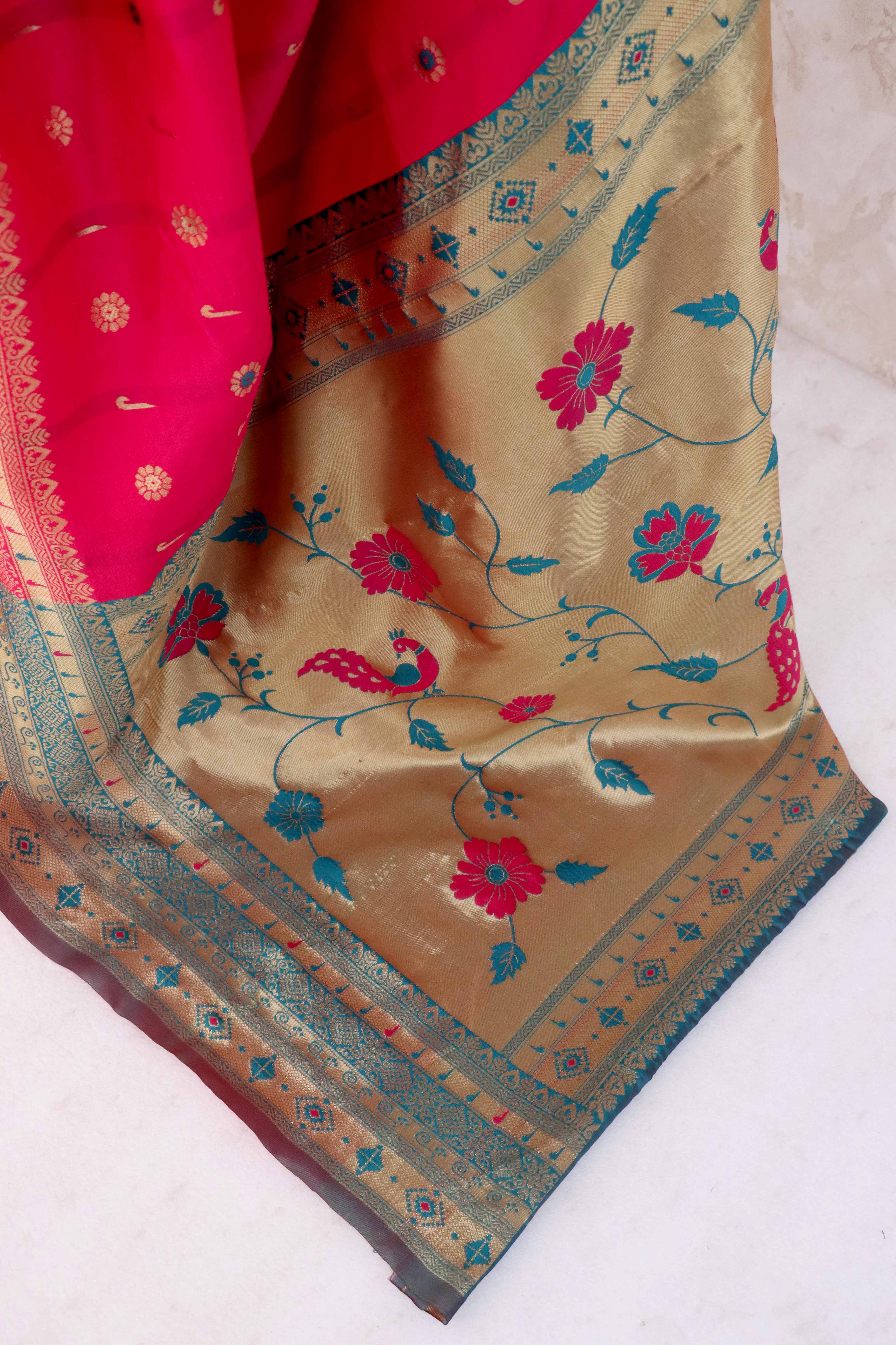 Pink Pure Silk Paithani Saree With Intricate Floral Zari Weaving