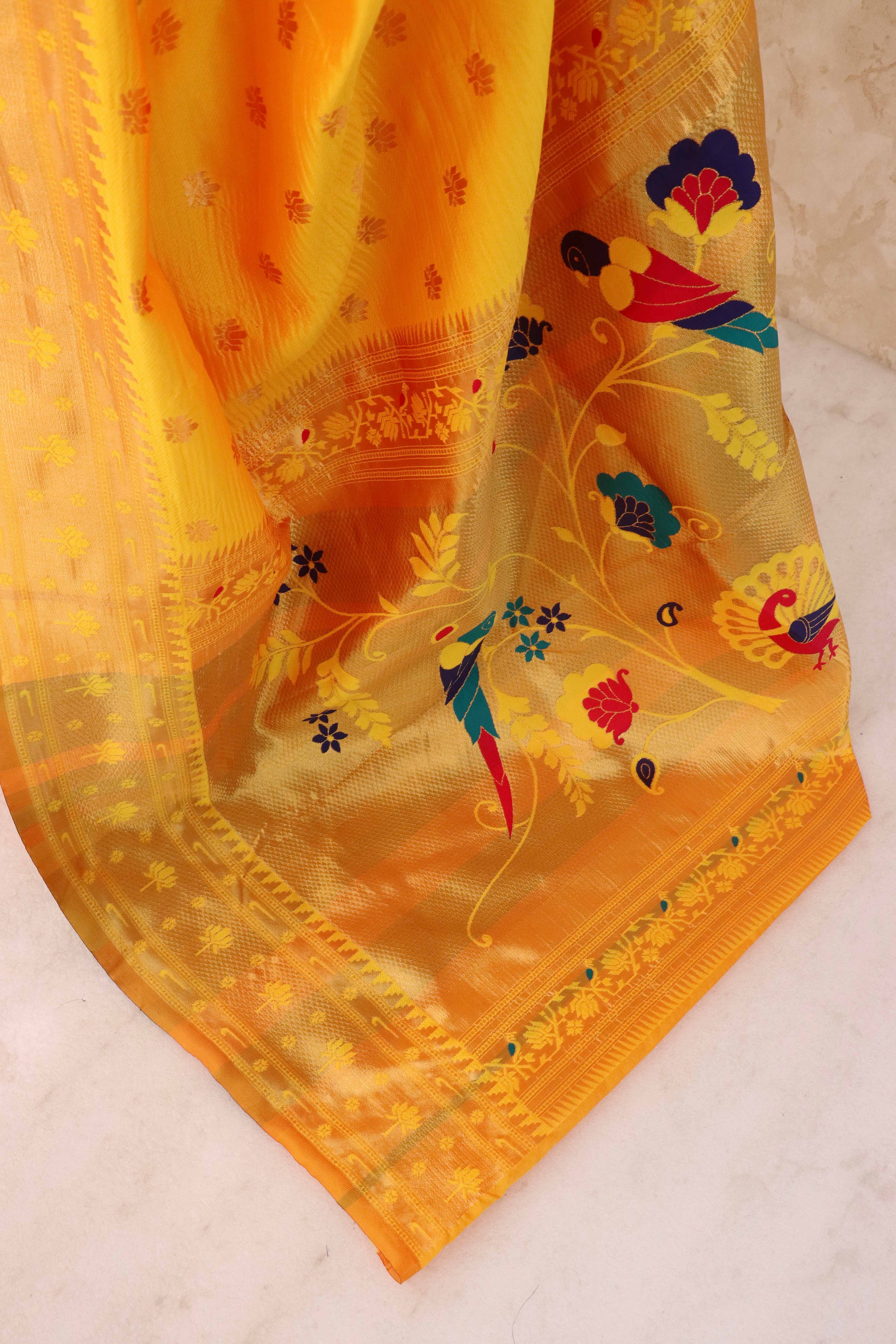 Yellow Pure Silk Paithani Saree With Elegant Floral Zari Weaving