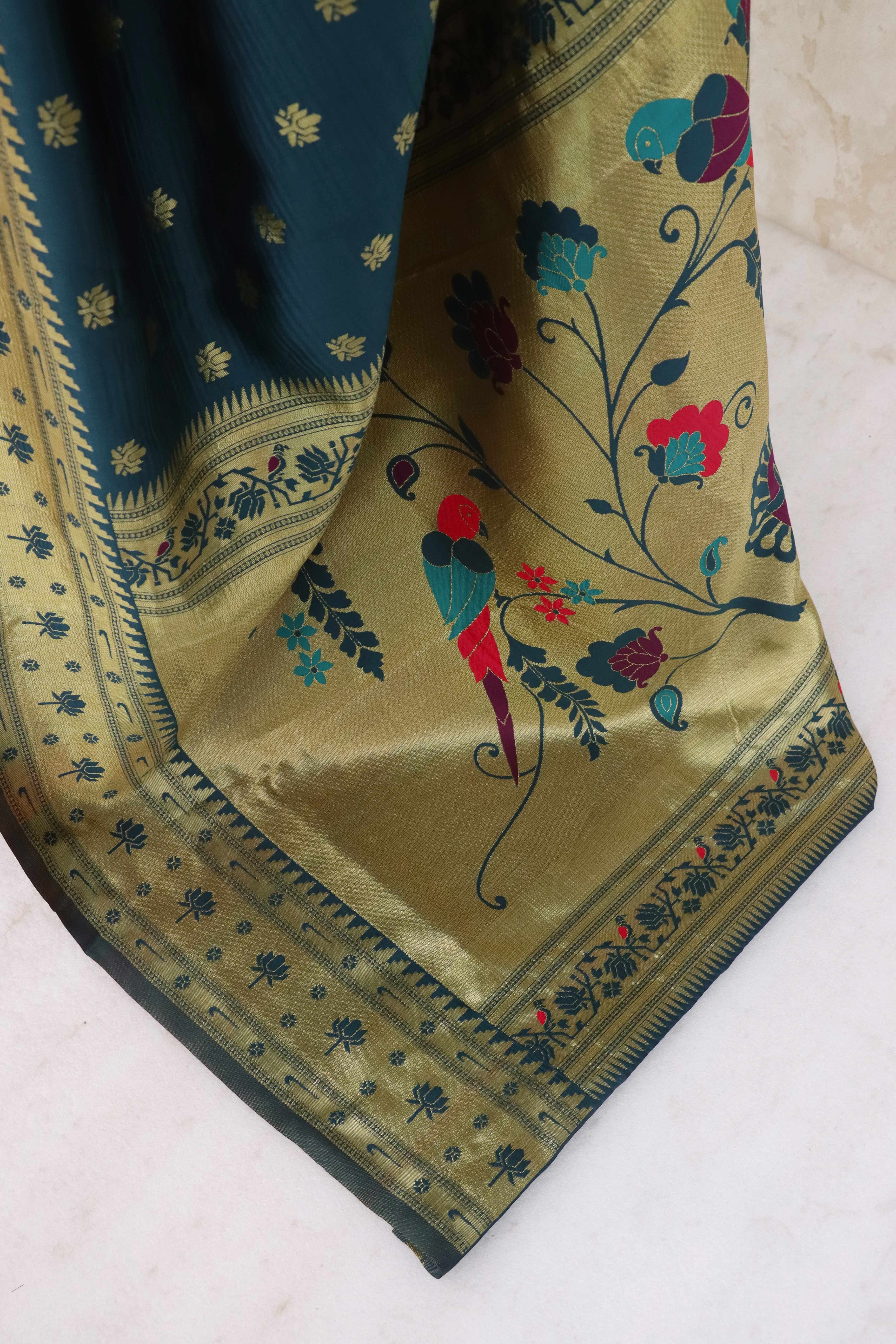 Dark Teal Blue Pure Silk Paithani Saree With Elegant Floral Zari Weaving