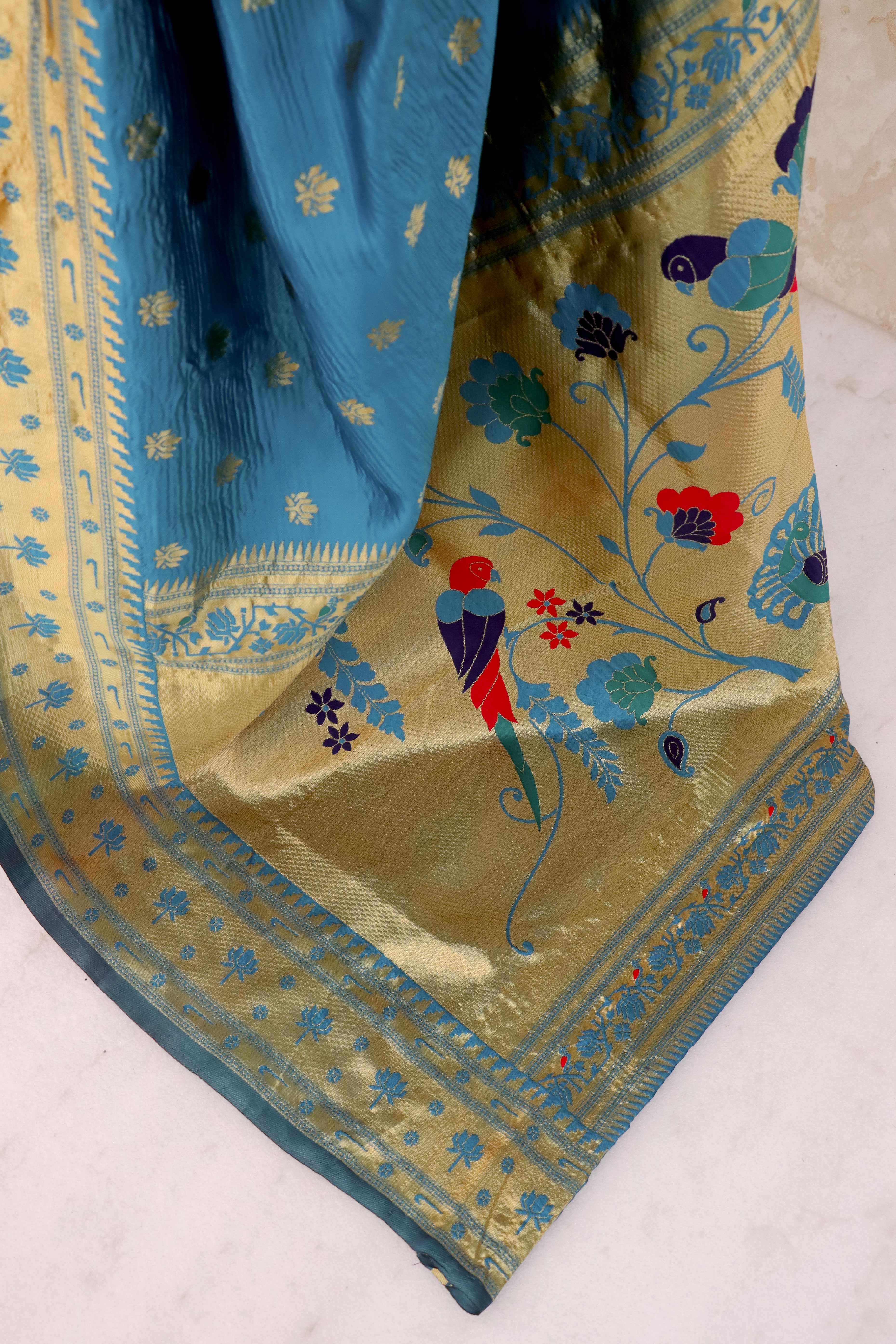 Blue Pure Silk Paithani Saree With Elegant Floral Zari Weaving
