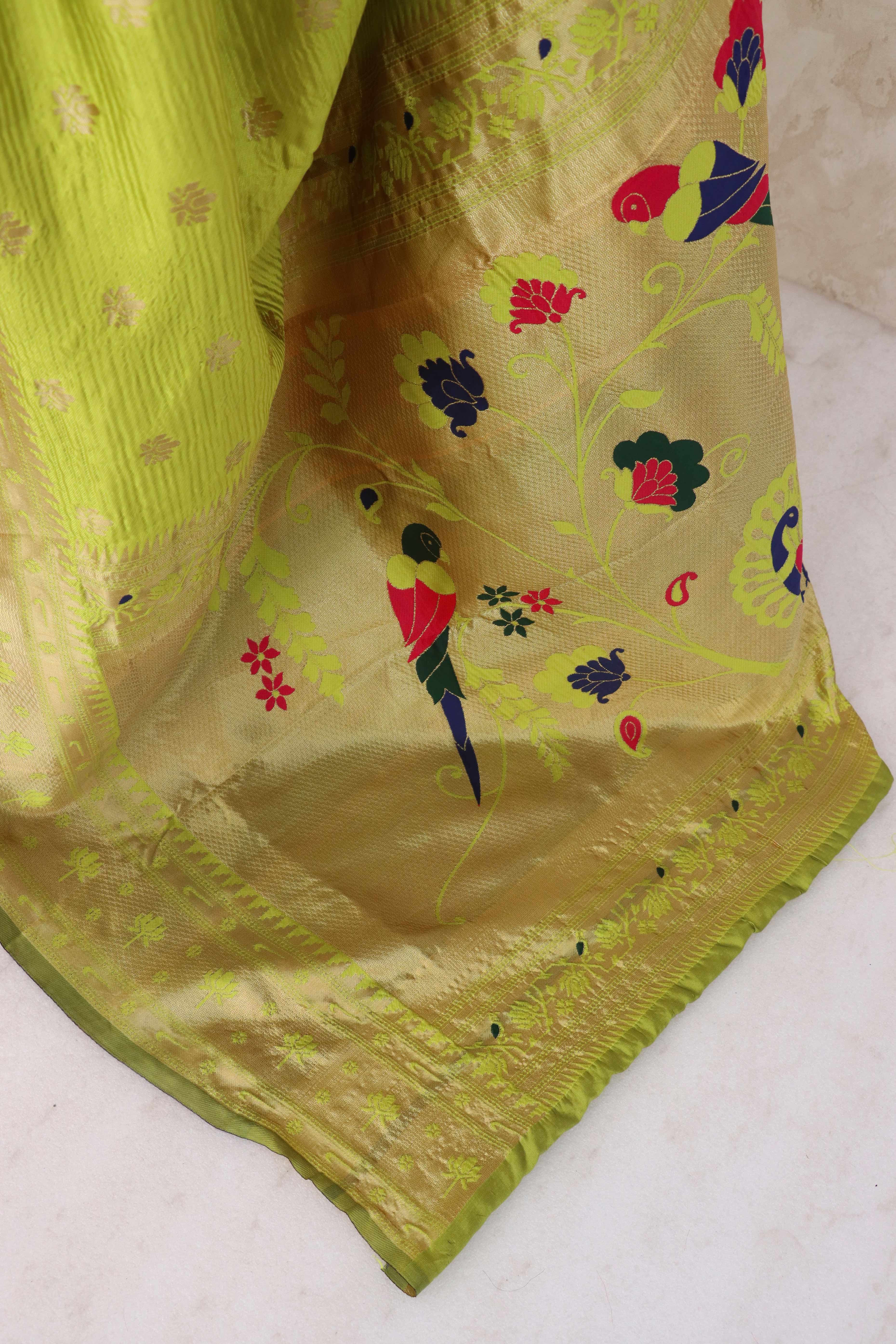 Lemon Green Pure Silk Paithani Saree With Elegant Floral Zari Weaving