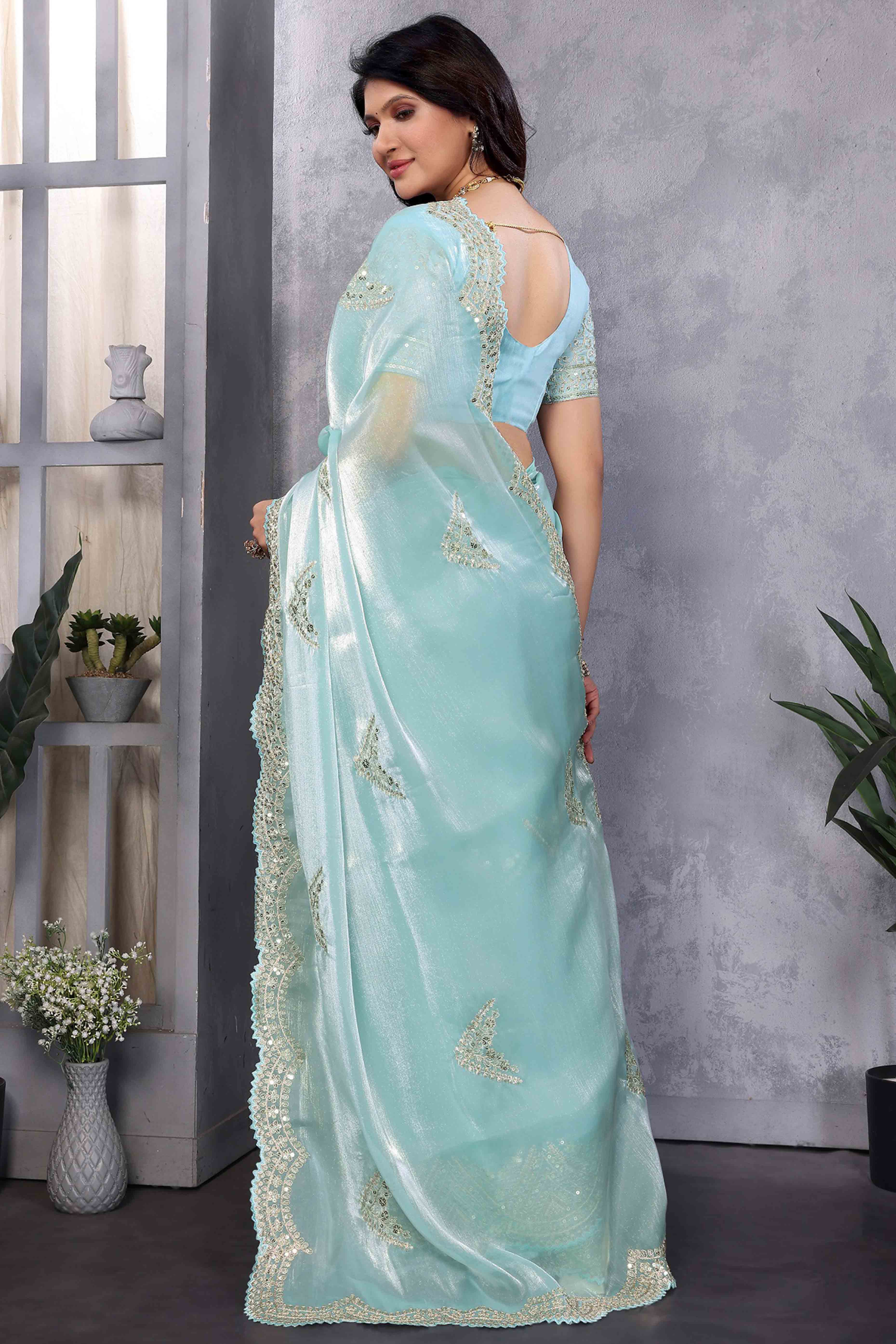 Sky Blue Floral Sequins Embroidered Shimmer Chiffon Saree