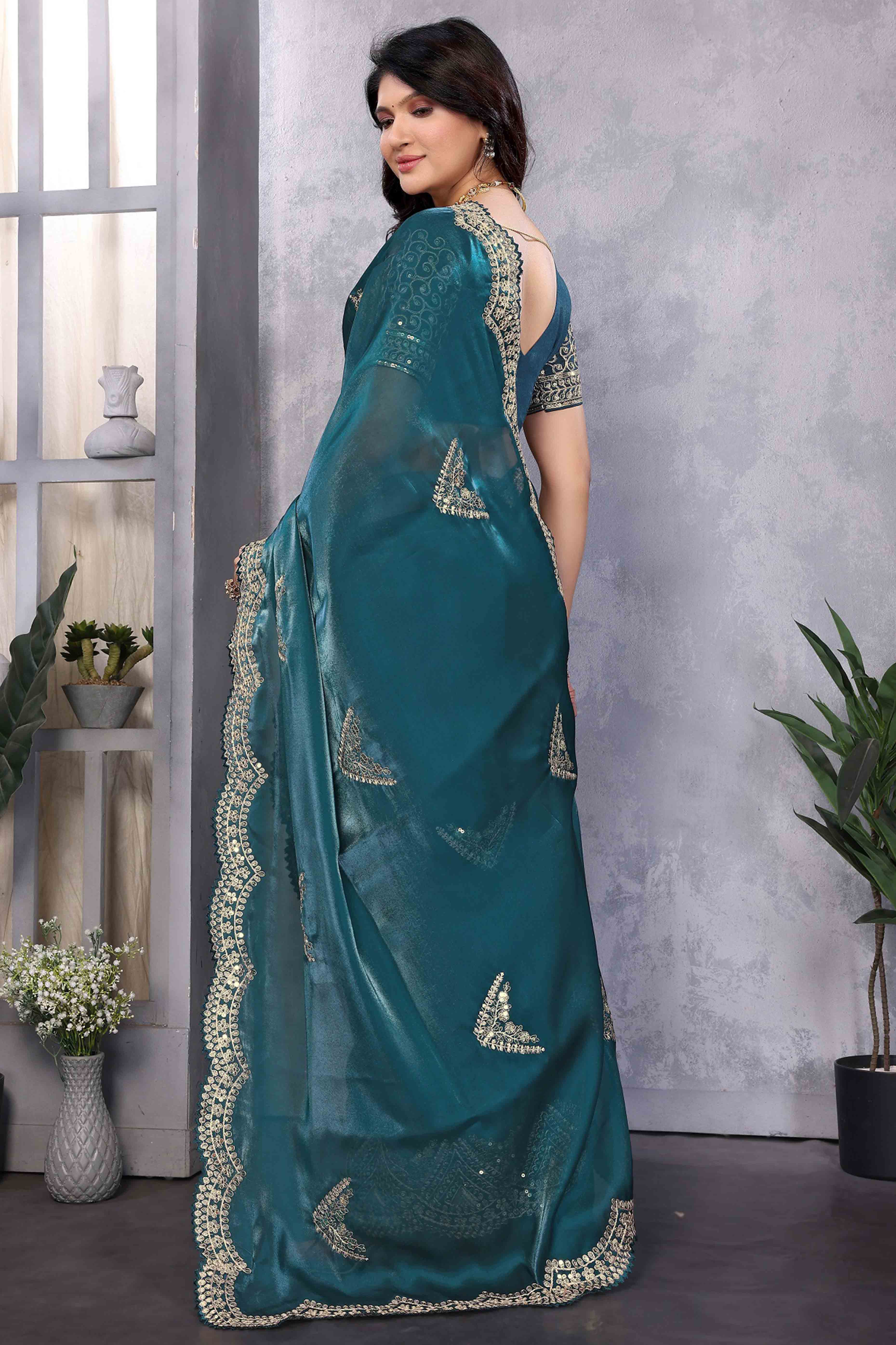 Teal Floral Sequins Embroidered Shimmer Chiffon Saree