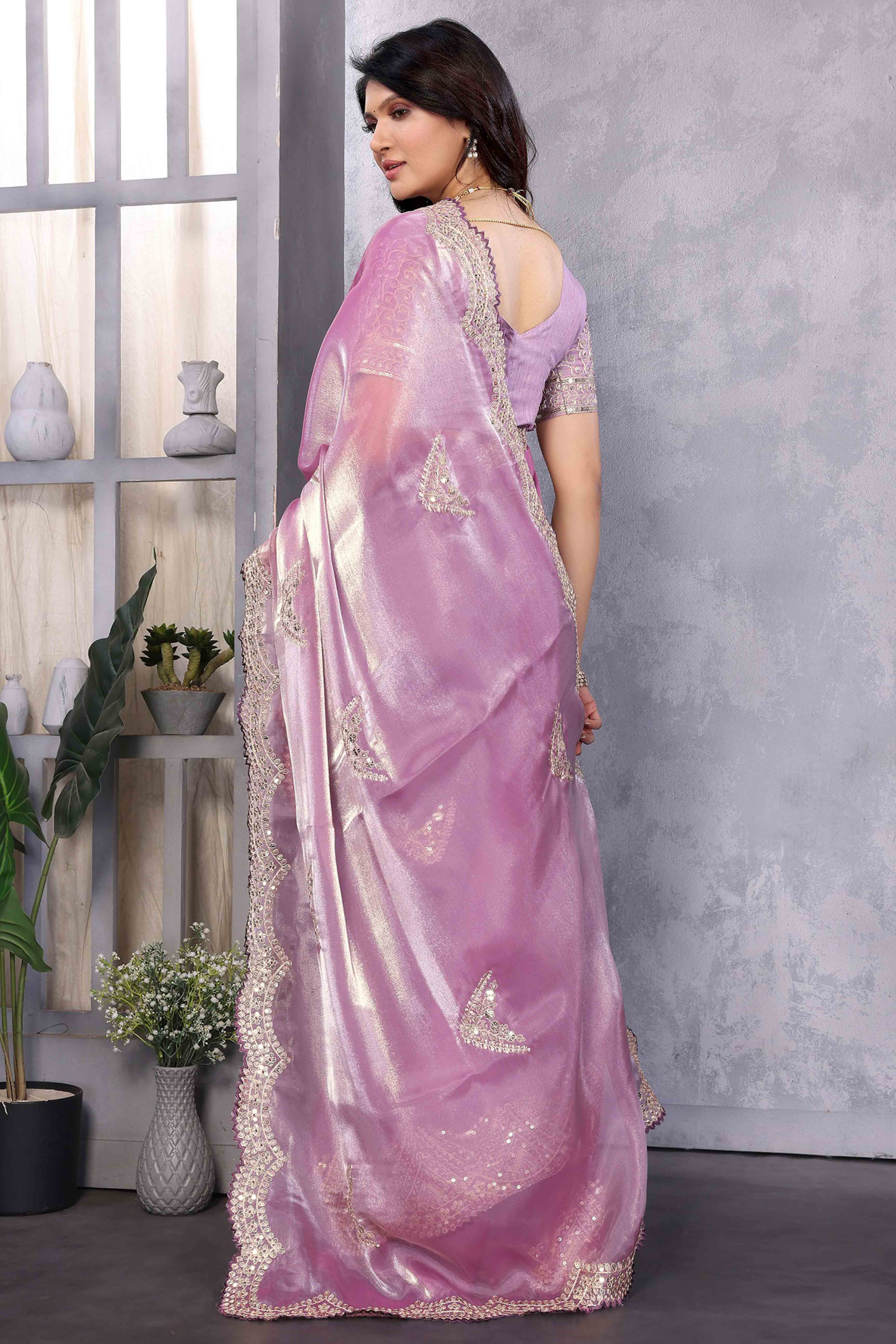 Light Purple Floral Sequins Embroidered Shimmer Chiffon Saree
