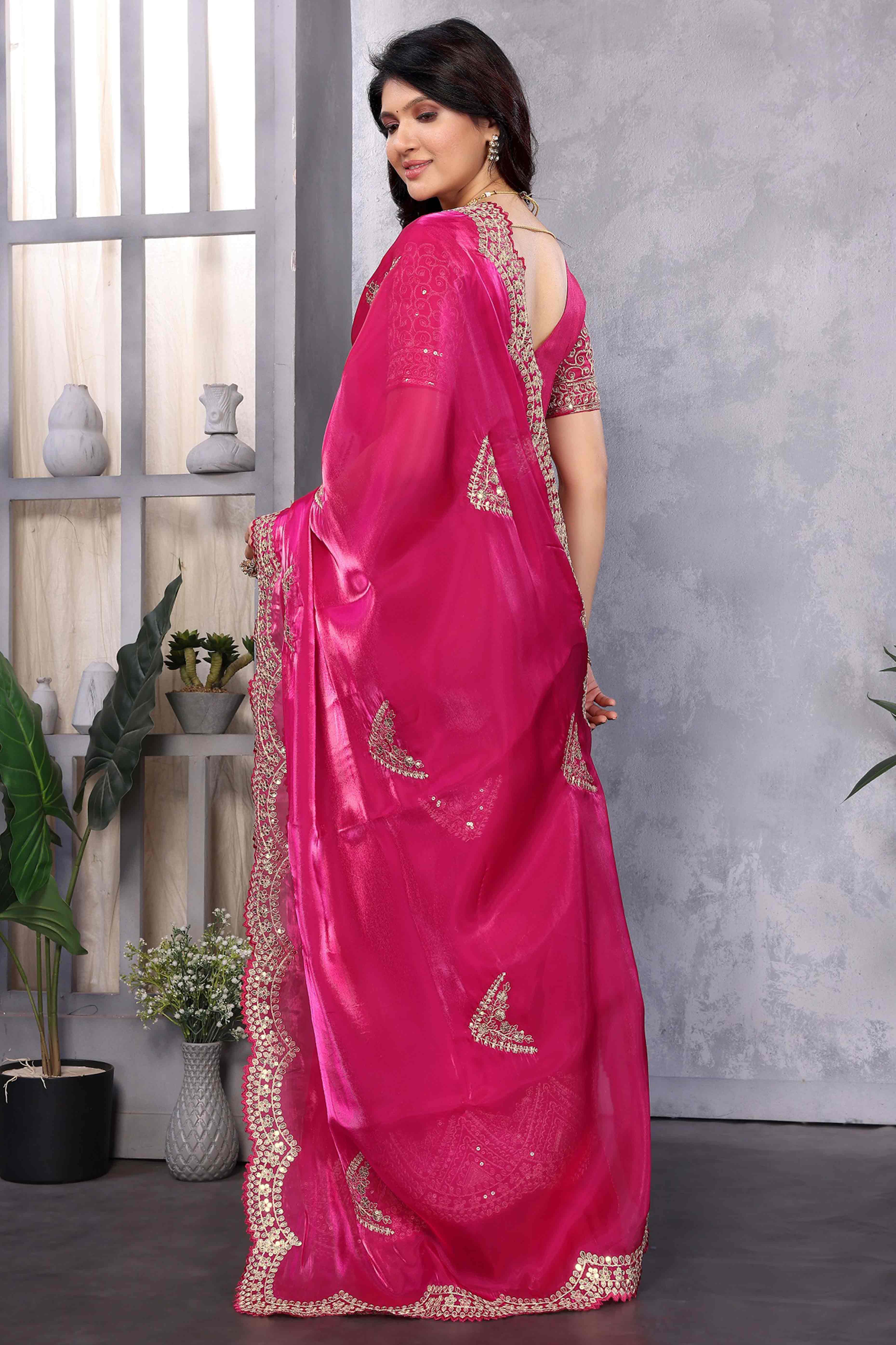 Rani Pink Floral Sequins Embroidered Shimmer Chiffon Saree