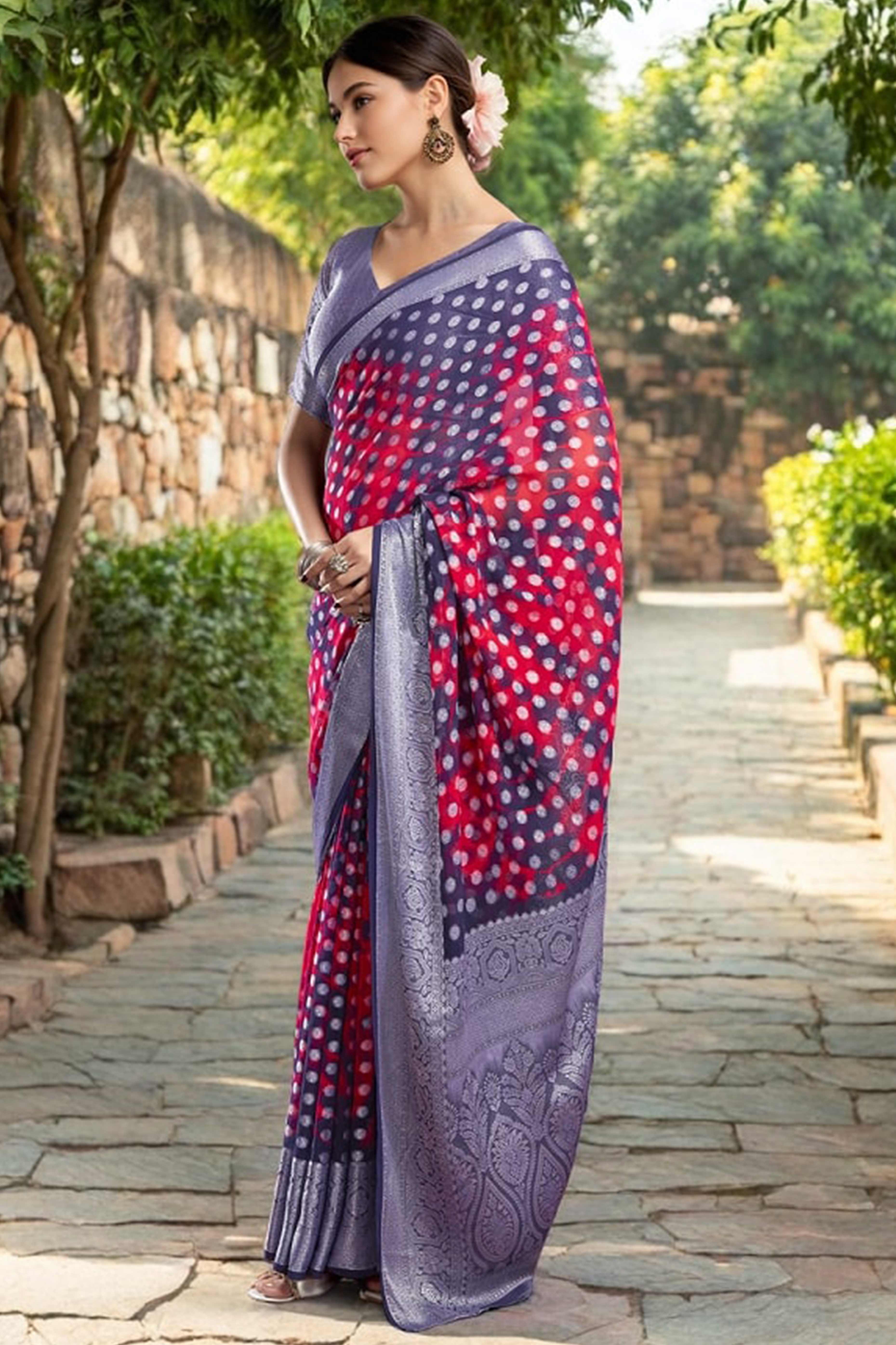 Blue & Pink Weaving Jacquard Georgette Saree Featuring Ornamental Pallu Design