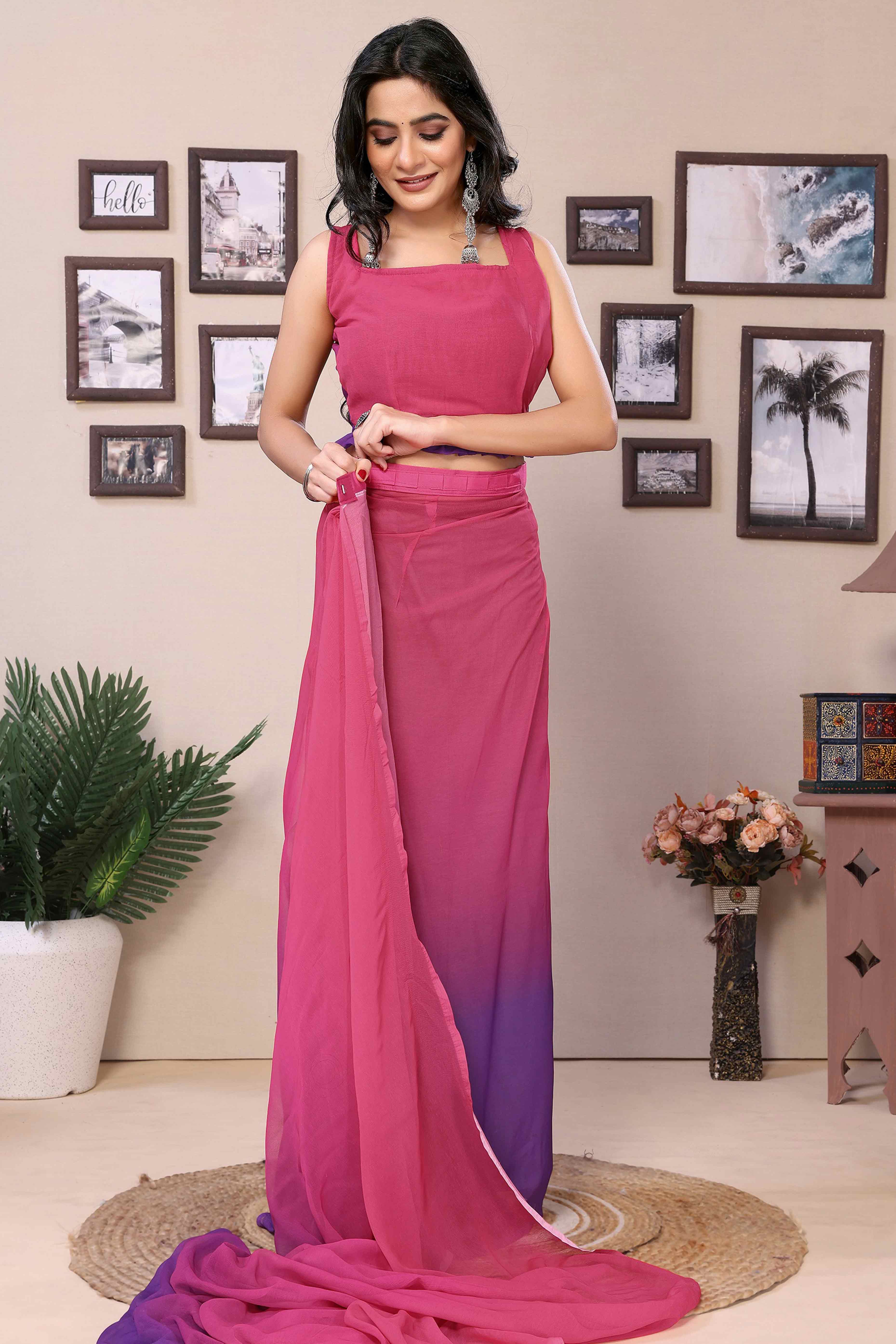 Pink & Purple Solid Printed Georgette Ready To Wear Ombre Saree