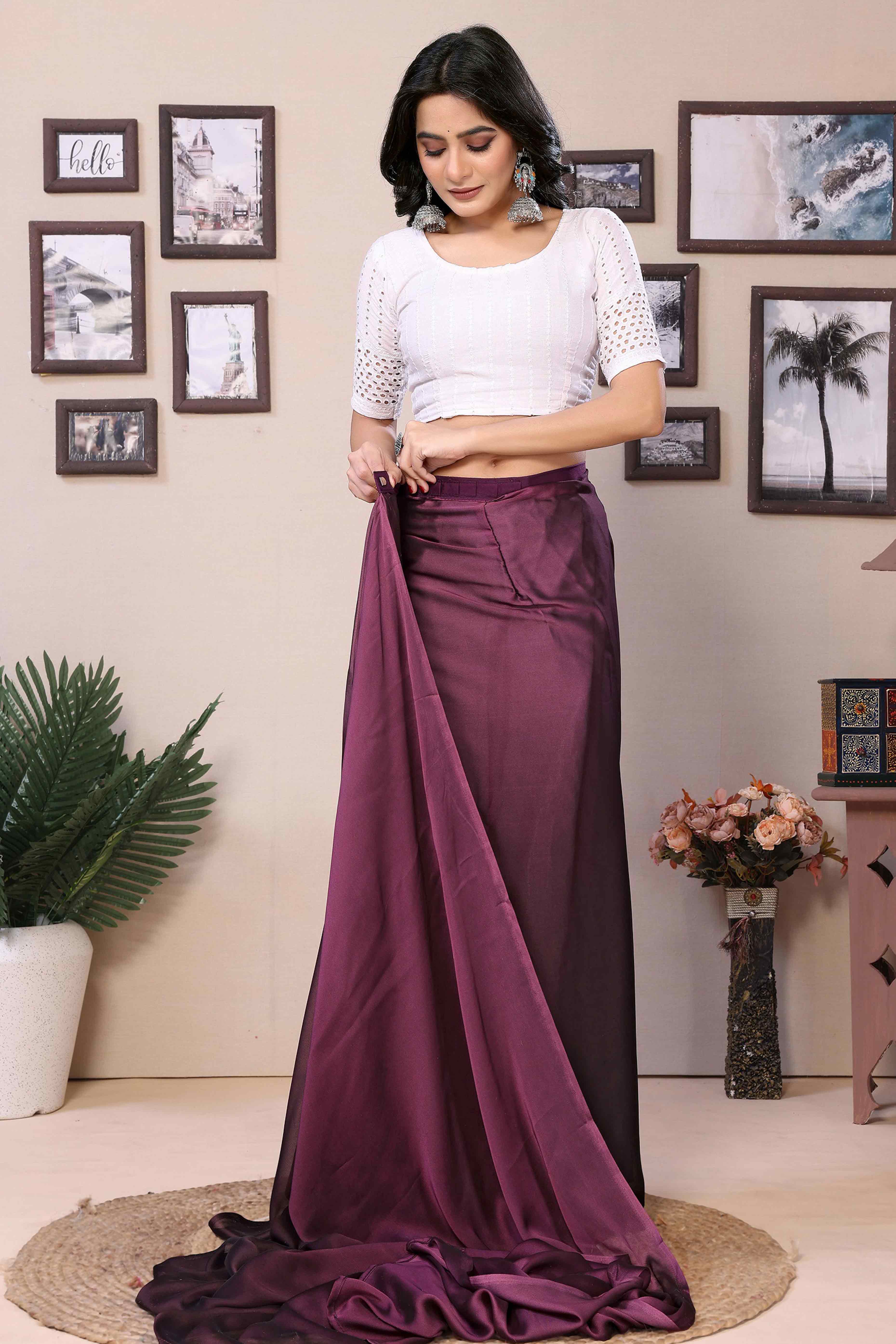 Wine Solid Satin Ready To Wear Ombre Saree