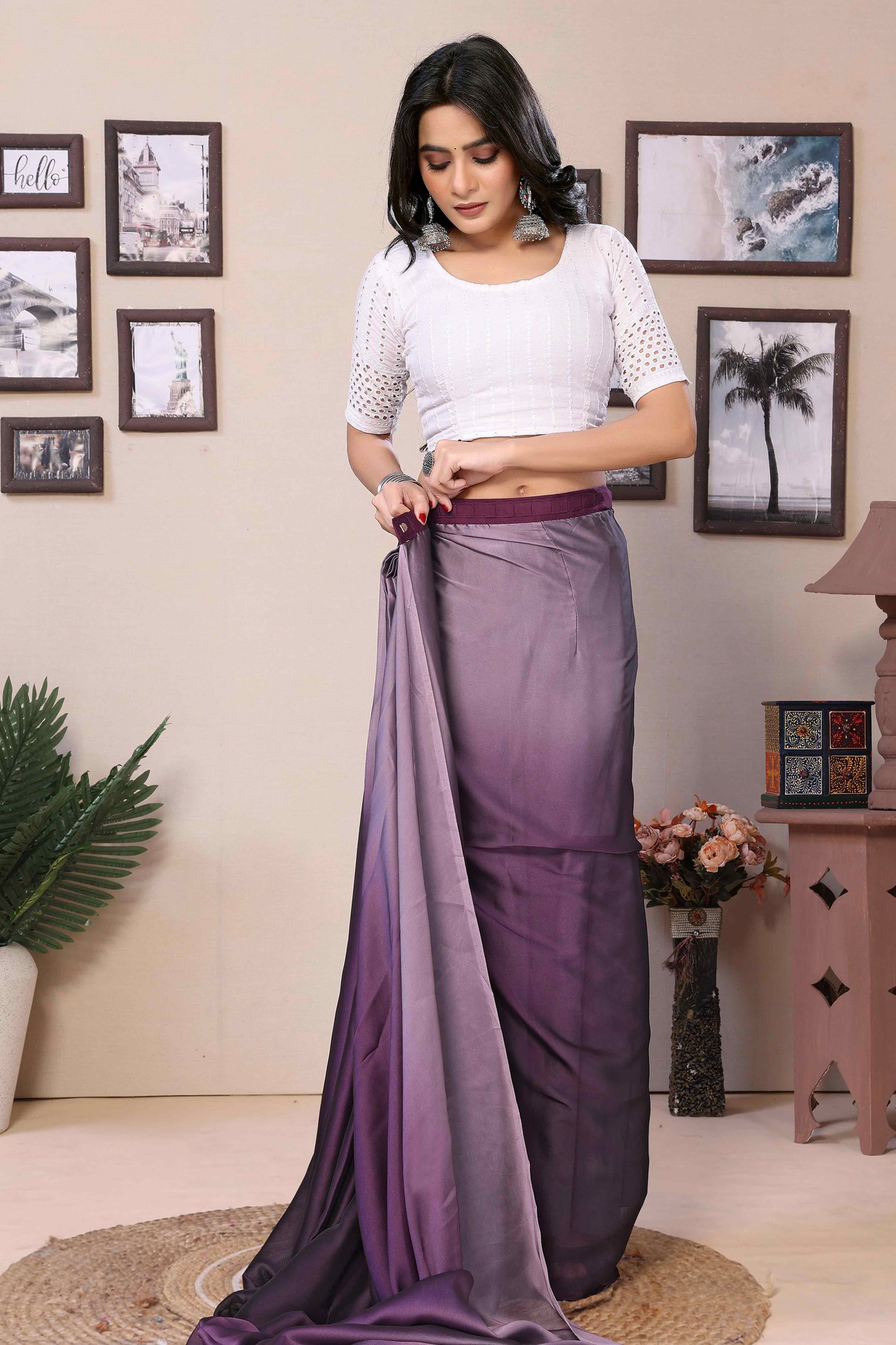 Purple Solid Satin Ready To Wear Ombre Saree