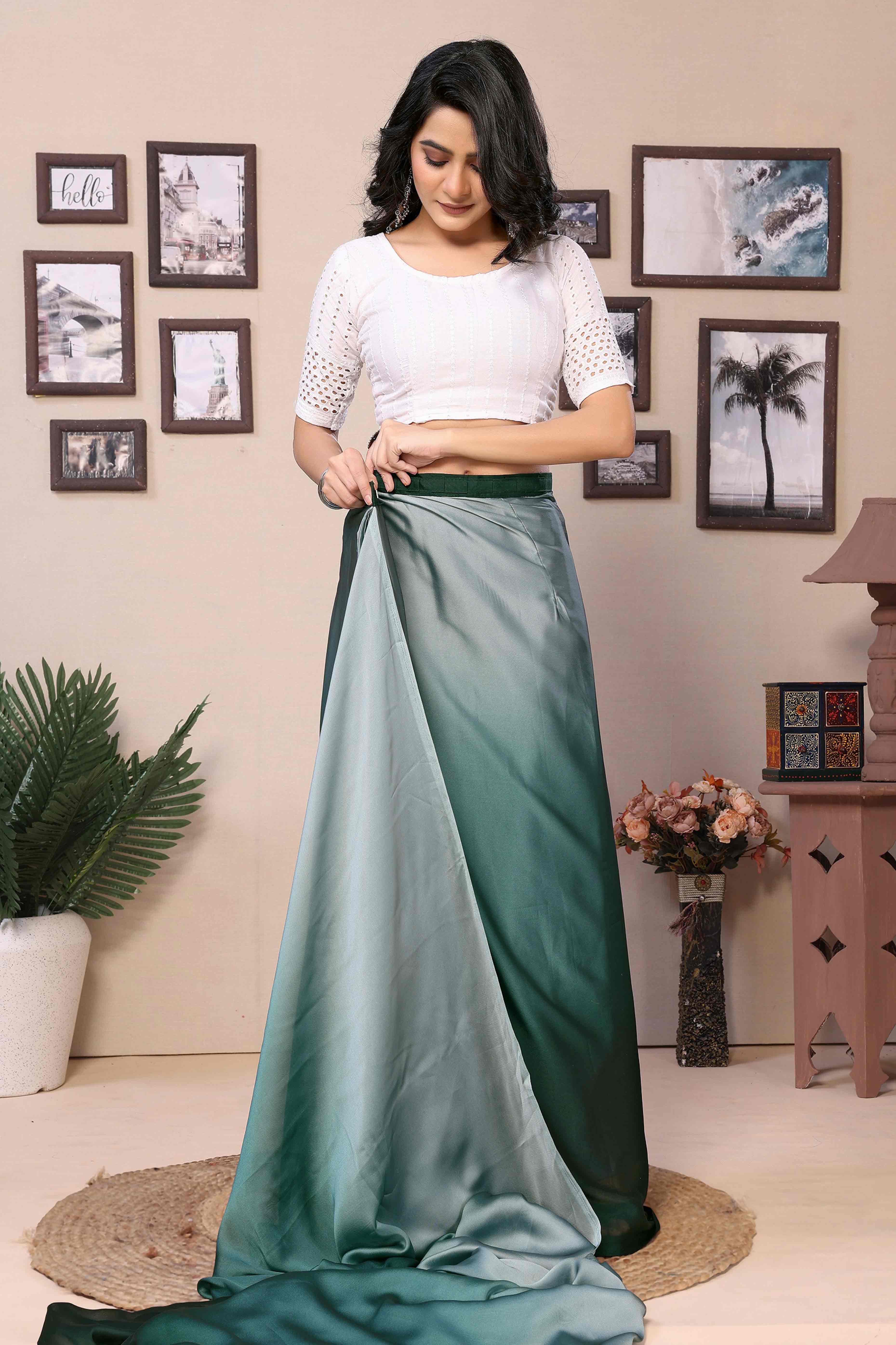 Green Solid Satin Ready To Wear Ombre Saree