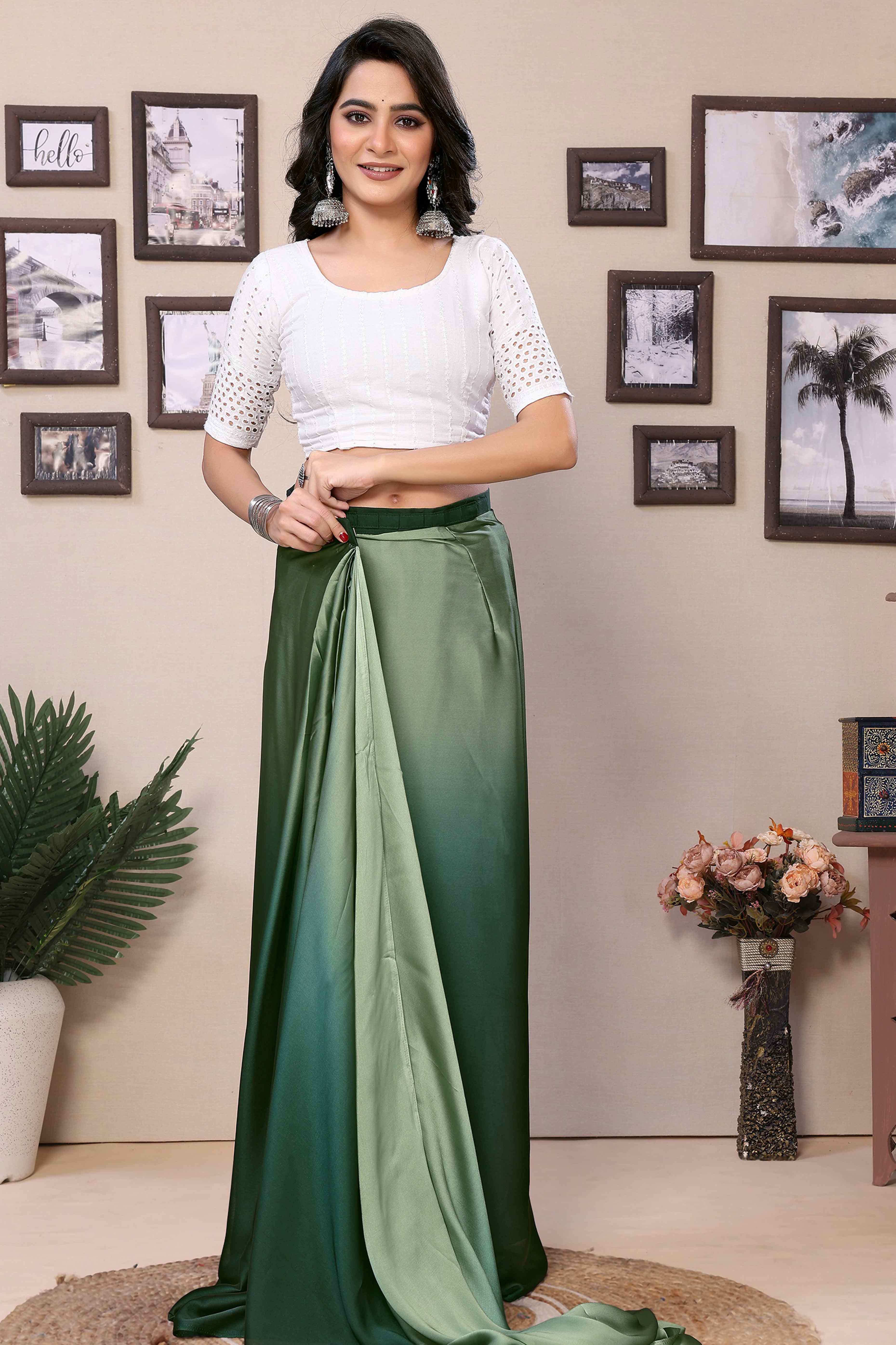 Green Solid Satin Ready To Wear Ombre Saree