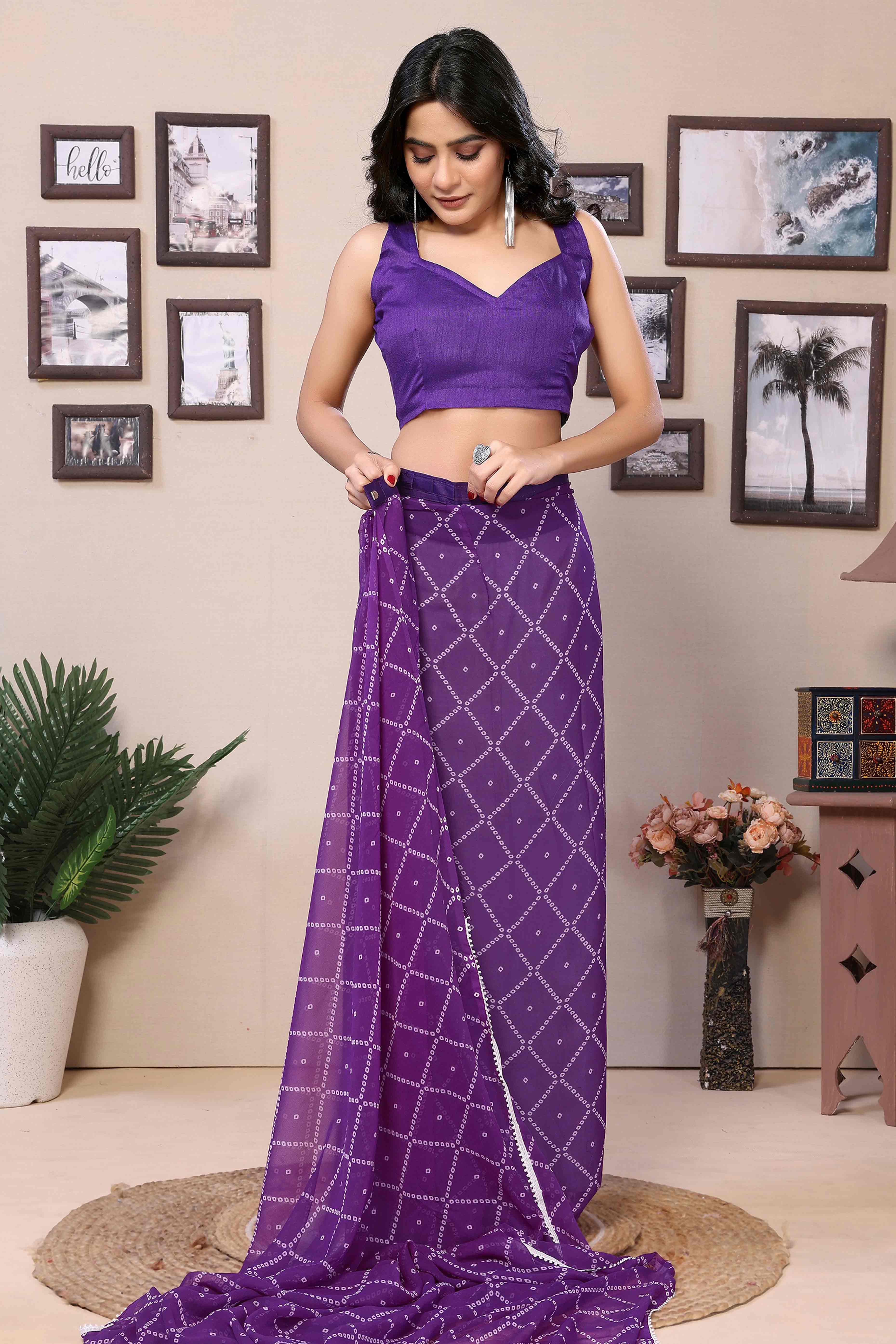 Purple Bandhani Printed Georgette Ready To Wear Saree