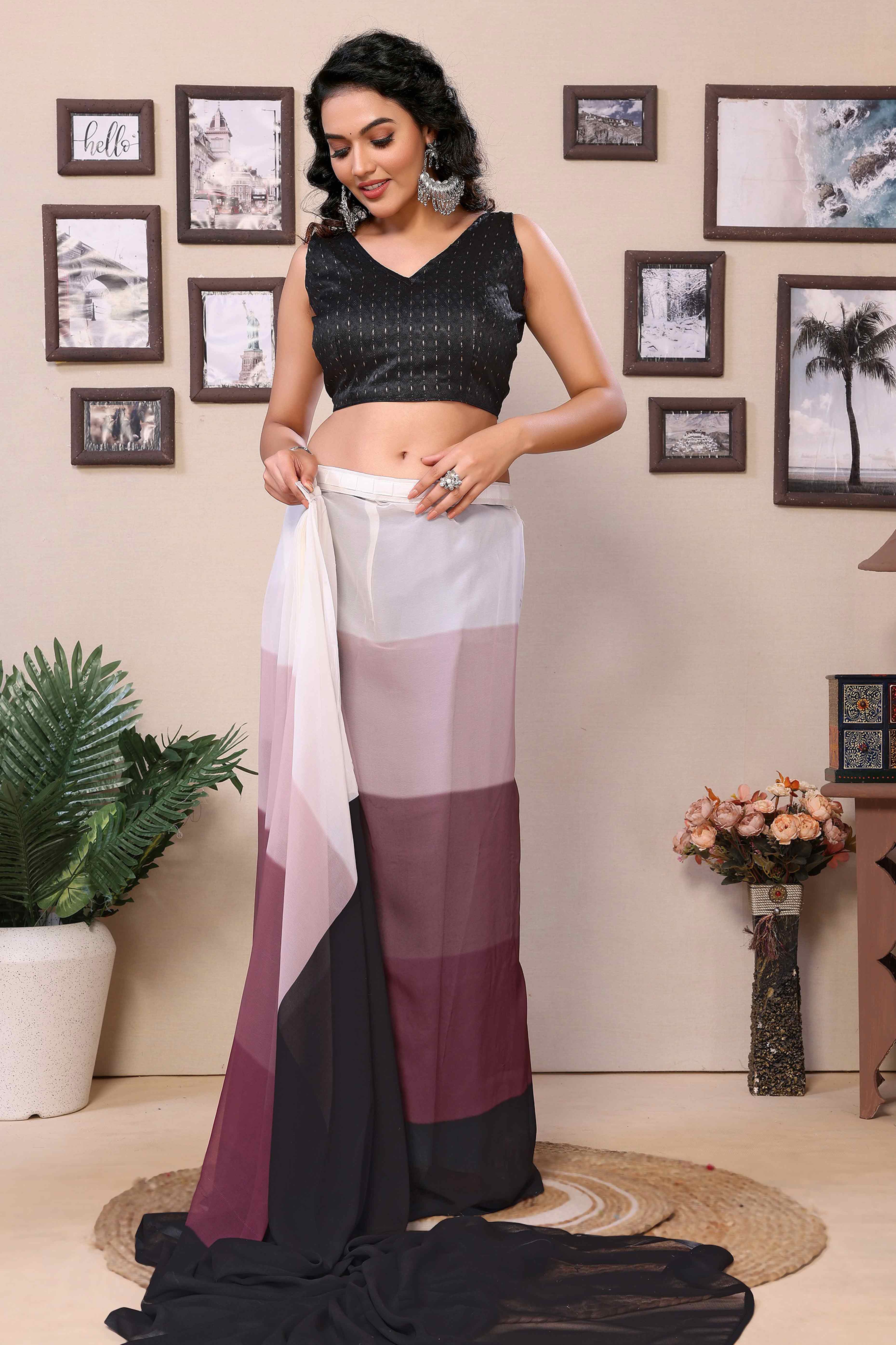 Multicolor Striped Printed Georgette Ready To Wear Saree