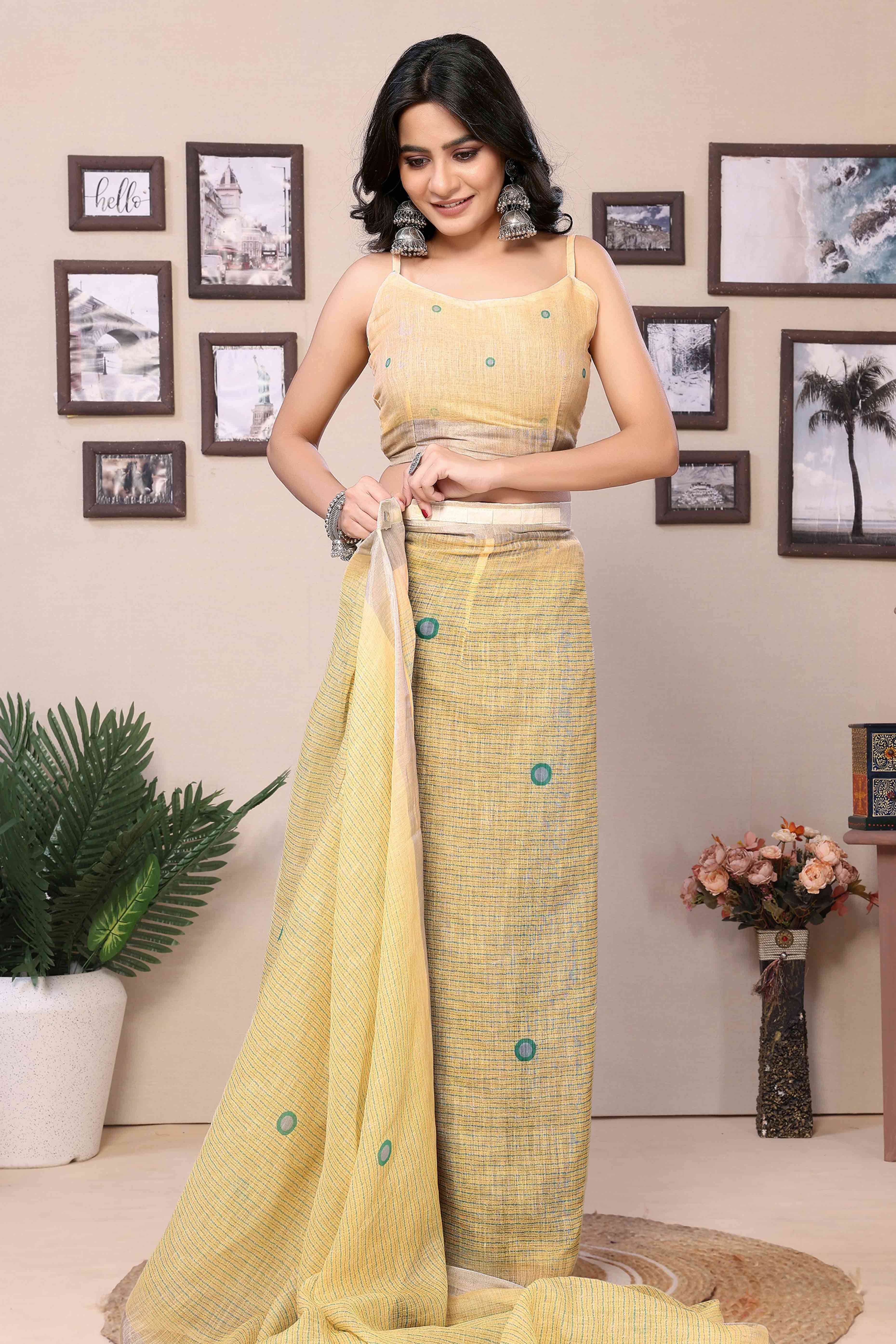 Yellow Geometric Digital Printed Cotton Blend Ready To Wear Saree