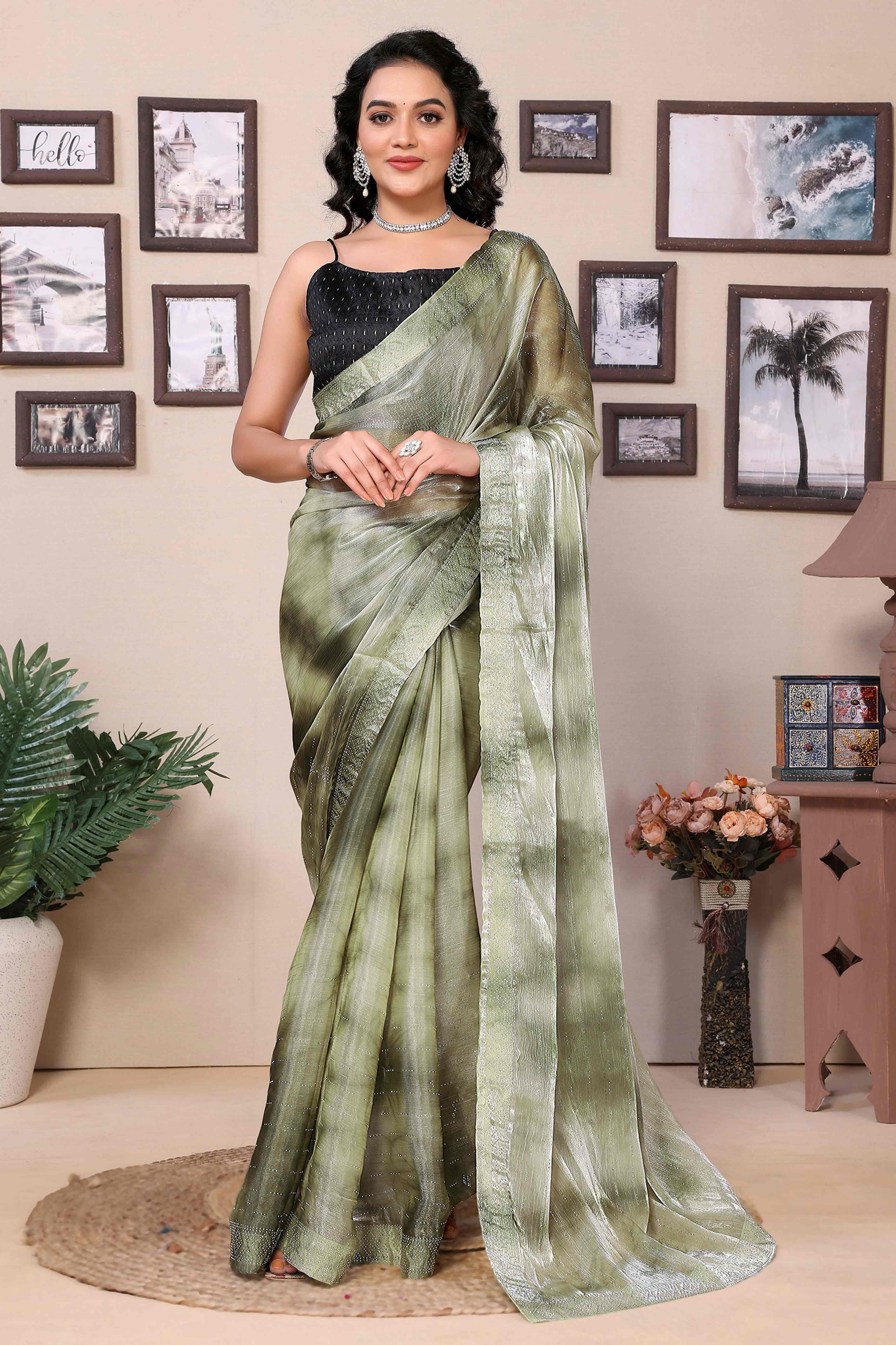 Green Printed With Diamond Work Zimmi Choo Organza Ready To Wear Saree