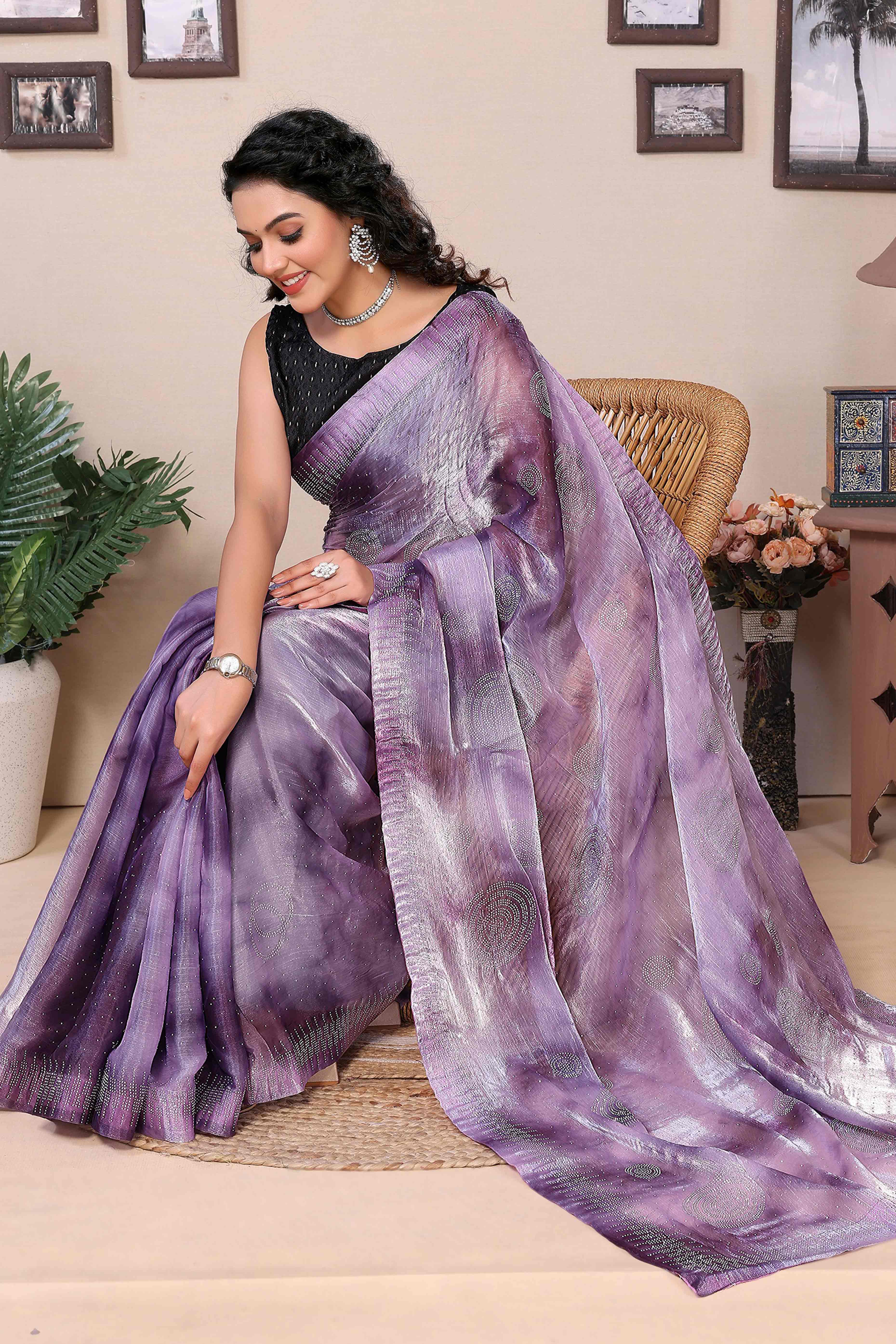 Purple Printed With Diamond Work Zimmi Choo Organza Ready To Wear Saree