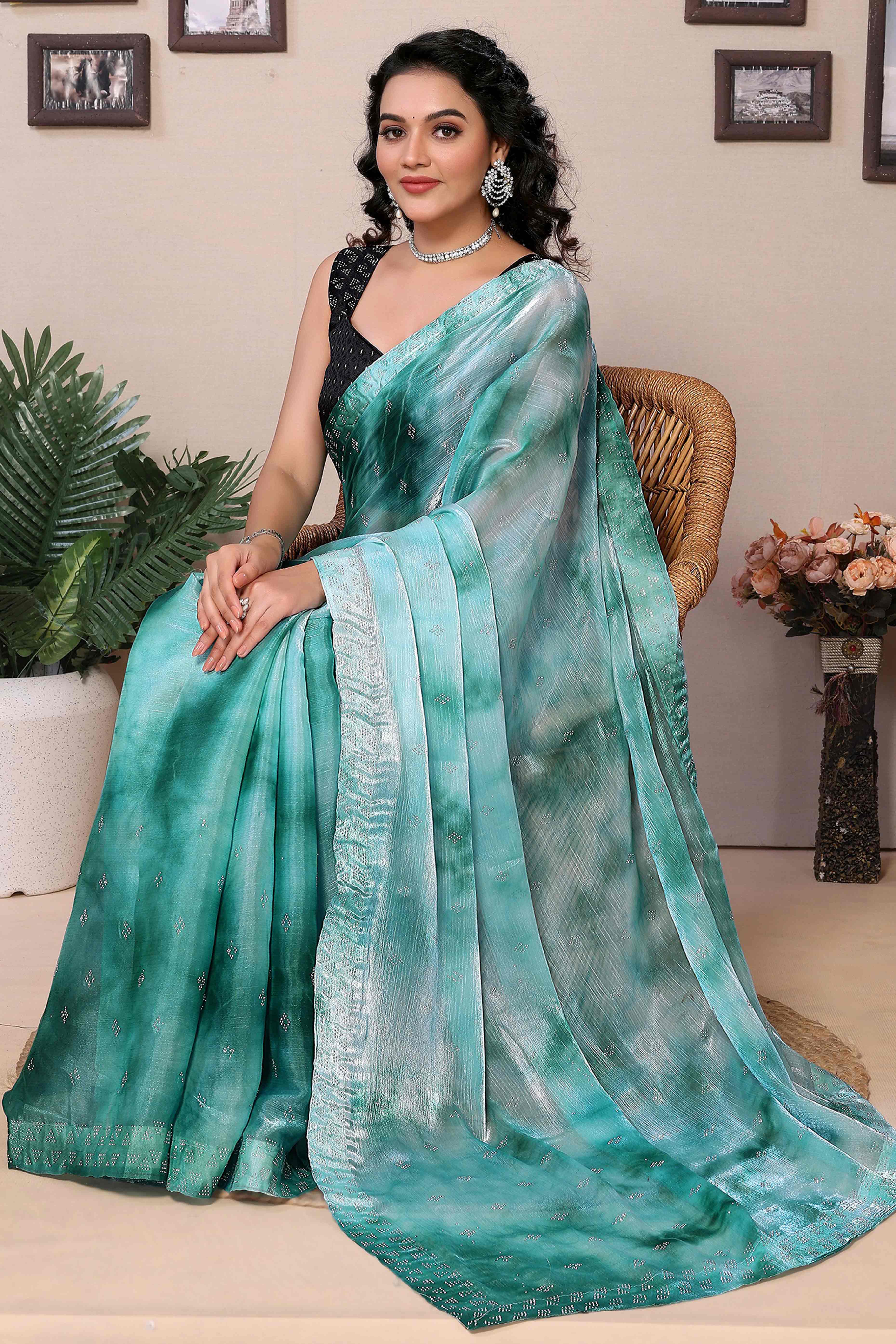 Aqua Blue Printed With Diamond Work Zimmi Choo Organza Ready To Wear Saree