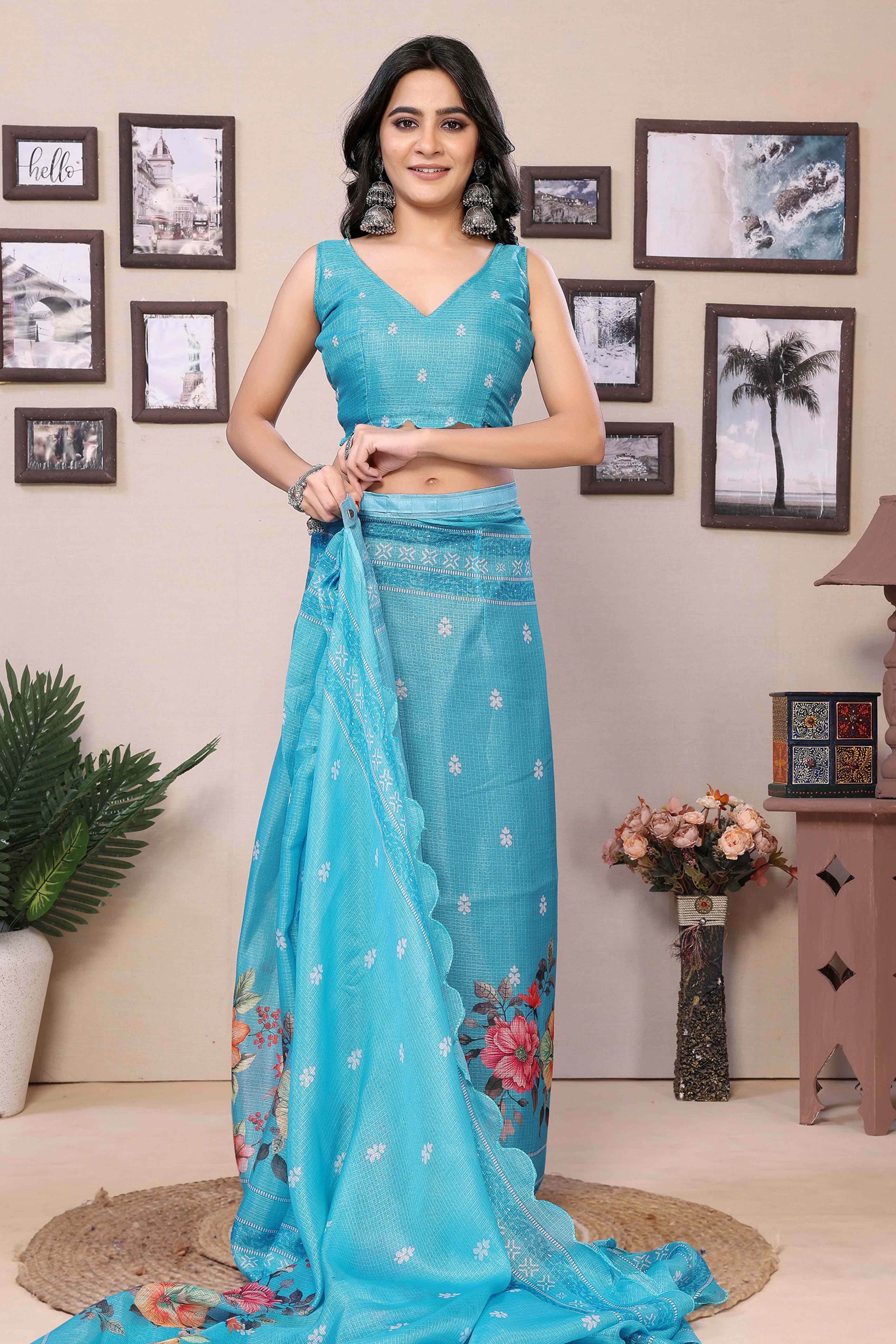 Blue Floral Digital Printed Kota Doria Ready To Wear Saree