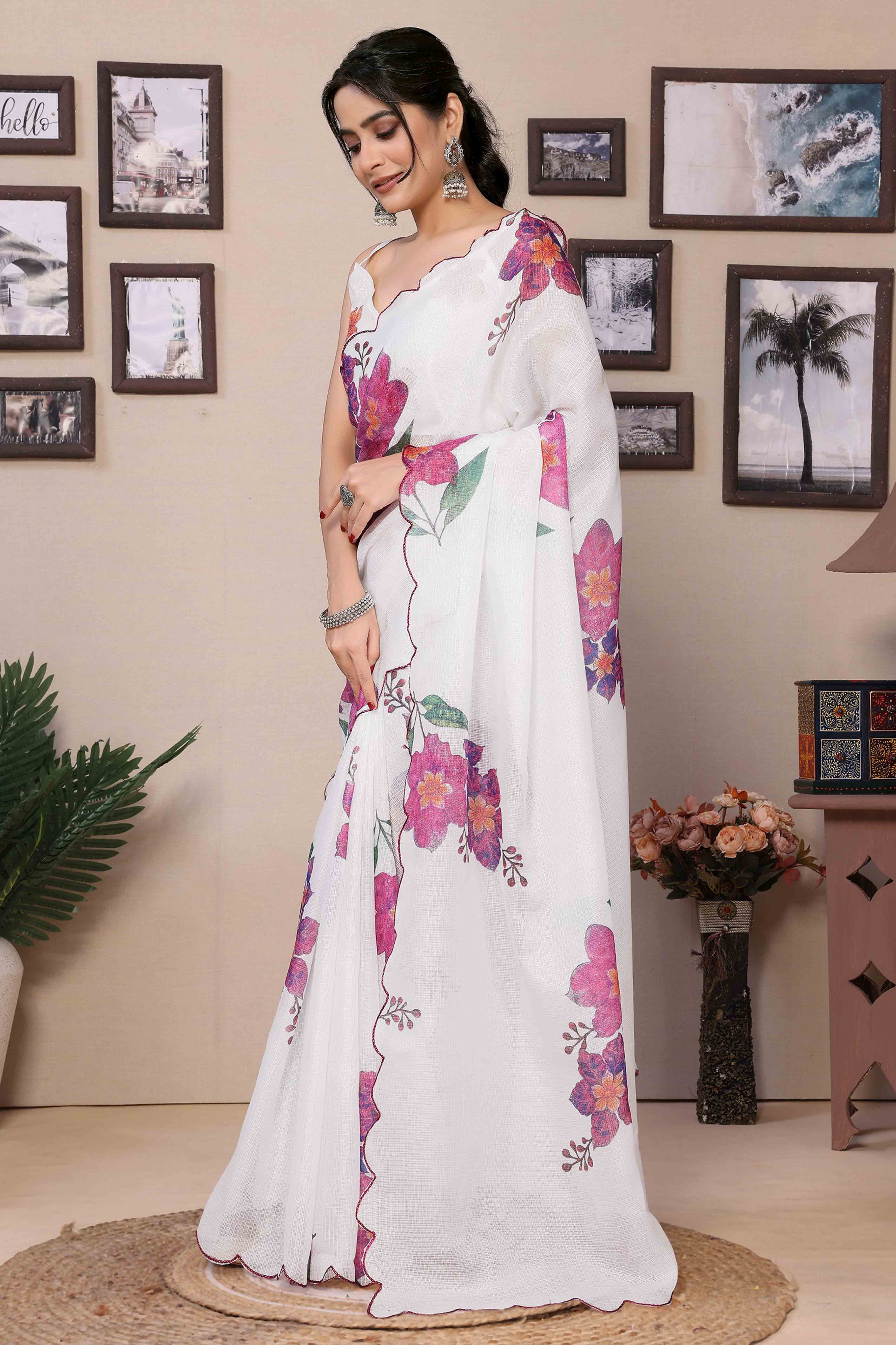 White Floral Digital Printed Kota Doria Ready To Wear Saree