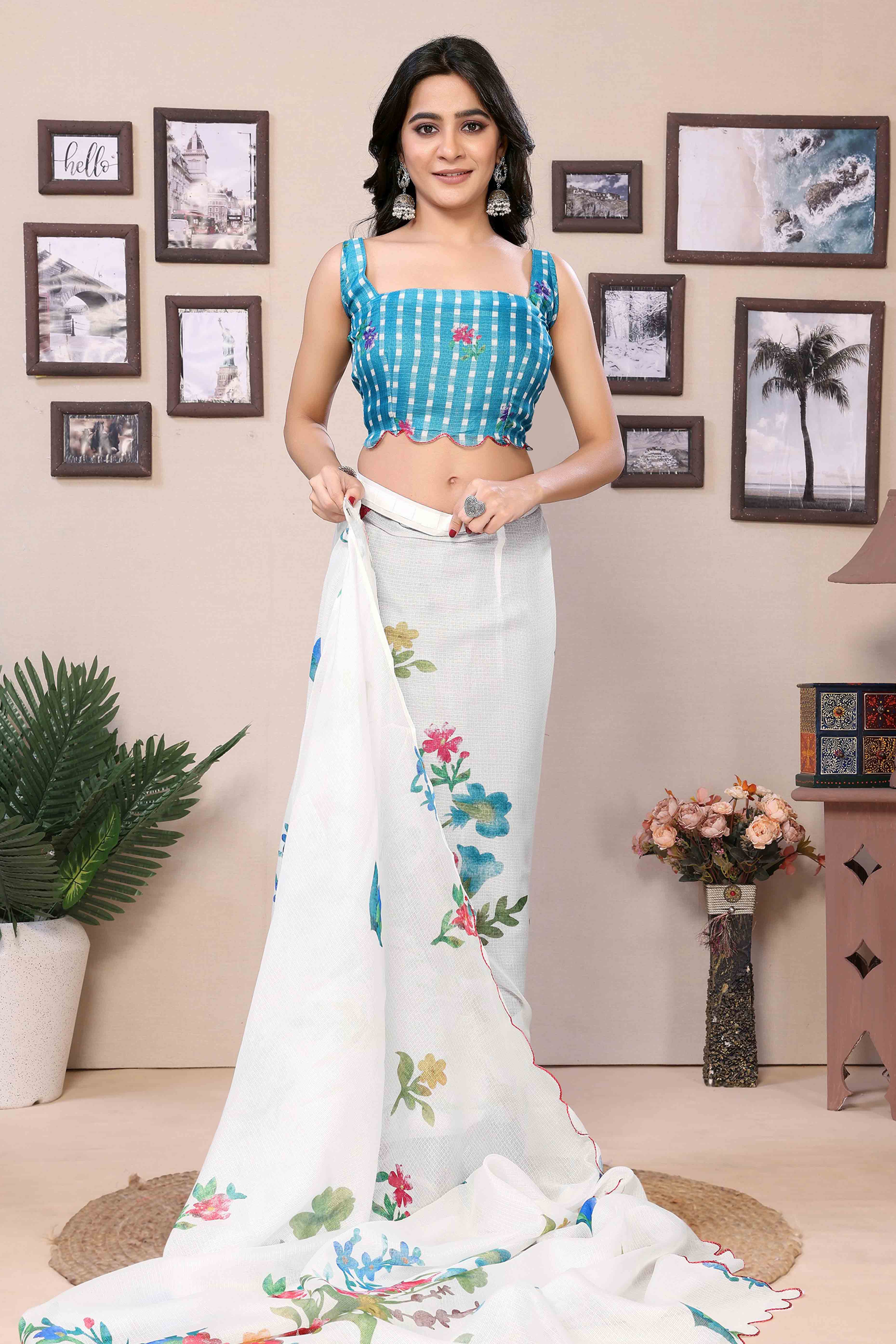 White Floral Digital Printed Kota Doria Ready To Wear Saree