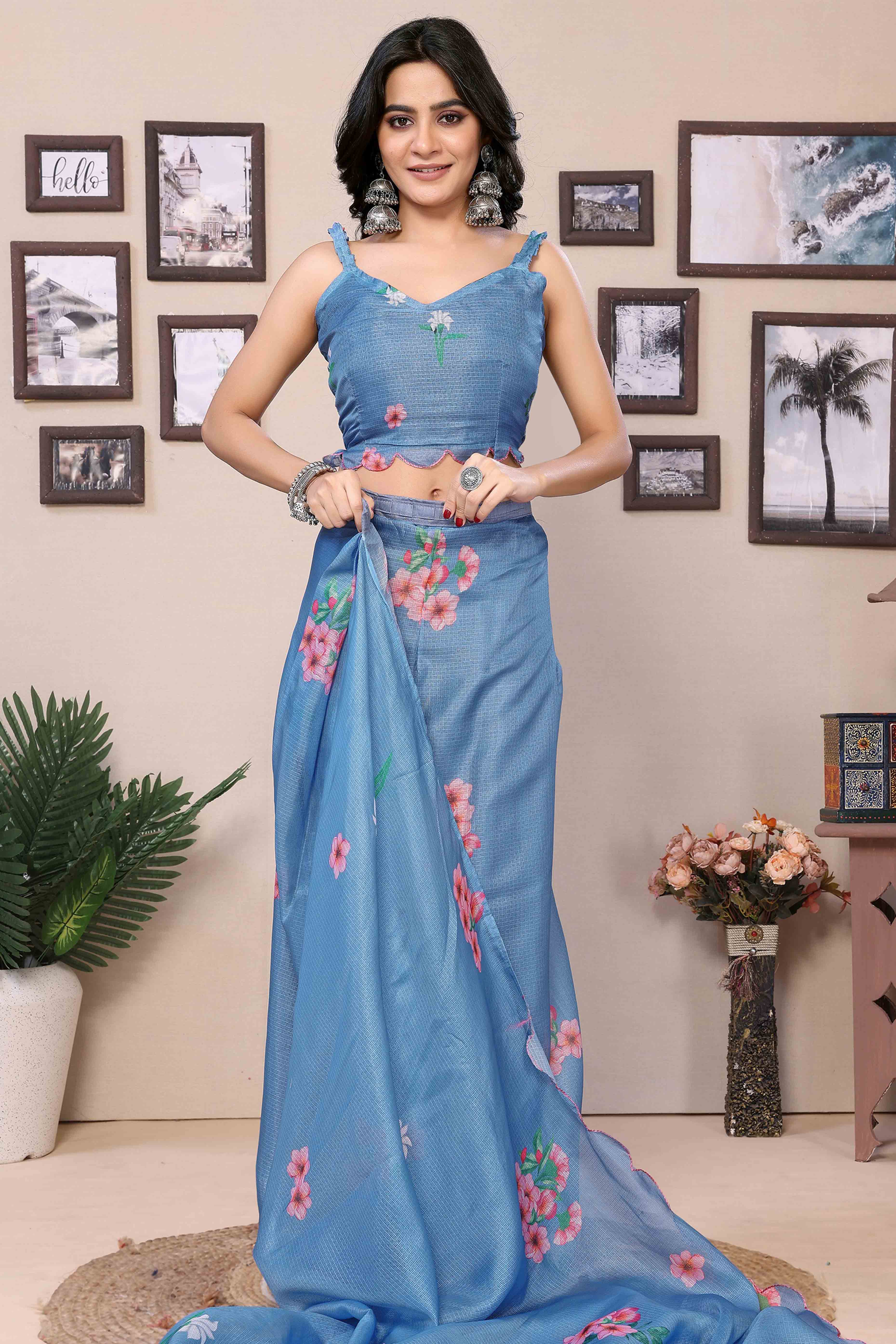 Blue Floral Digital Printed Kota Doria Ready To Wear Saree