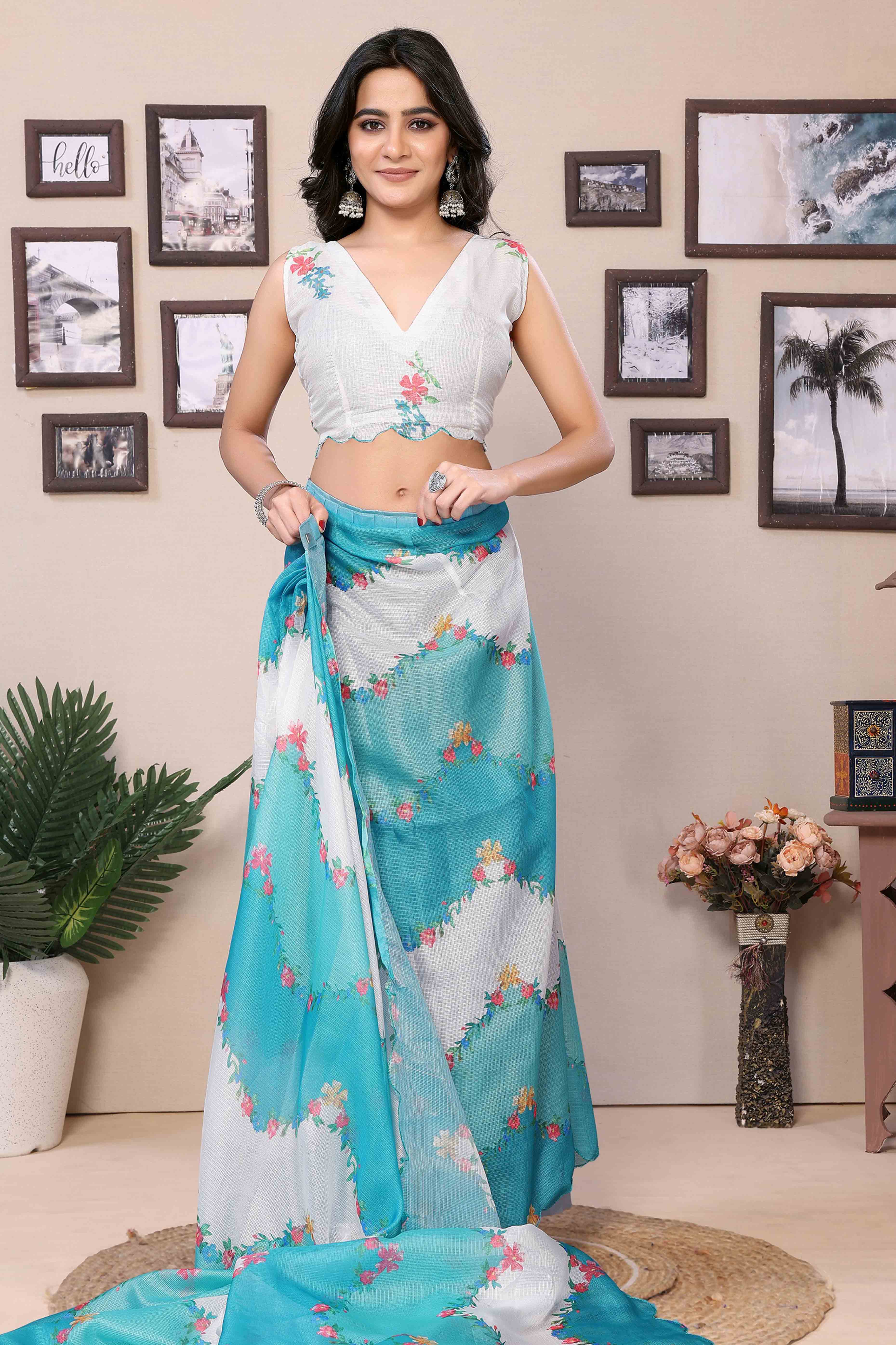 Blue & White Floral Digital Printed Kota Doria Ready To Wear Saree