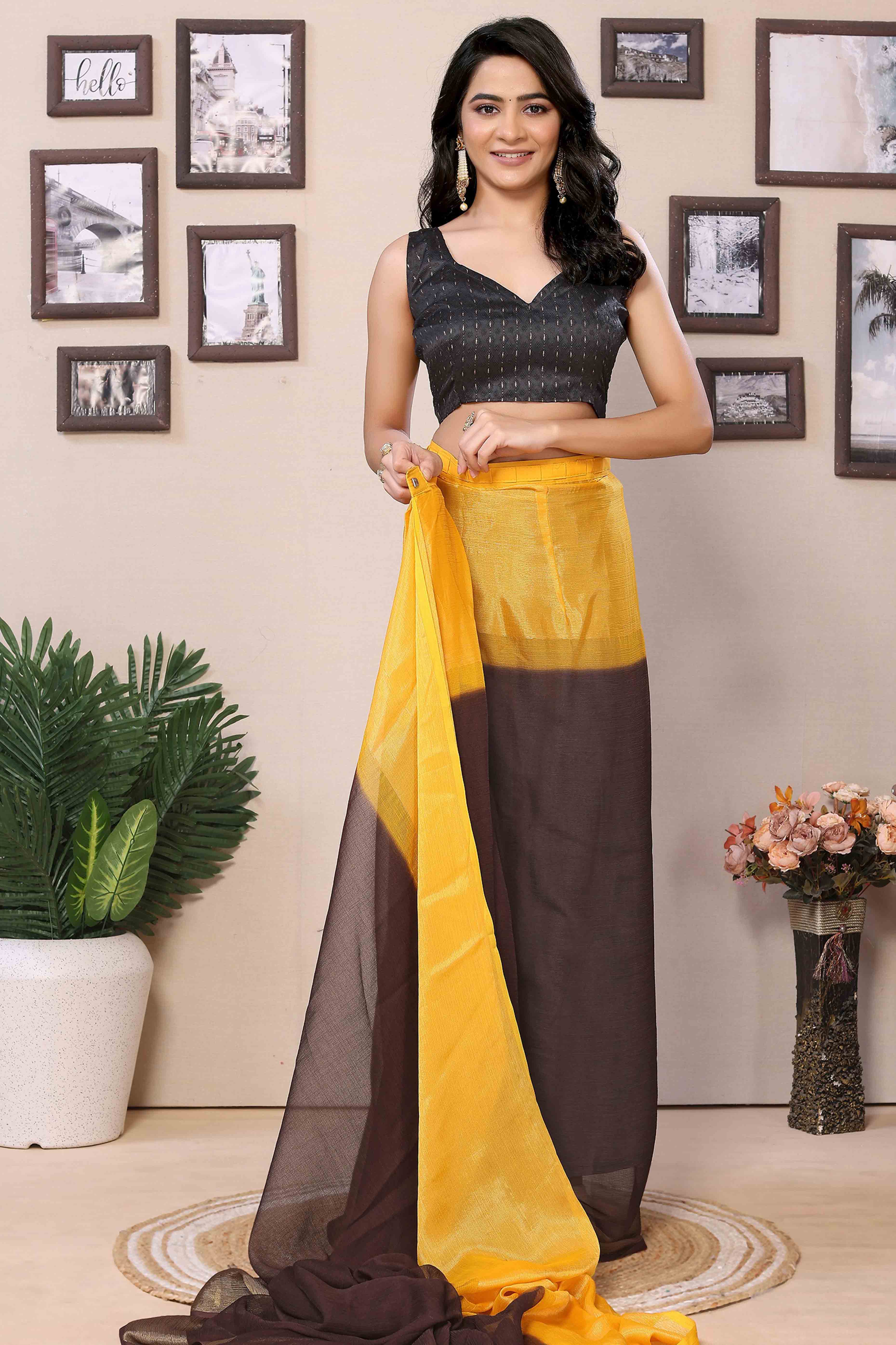 Brown & Yellow Solid With Zari Woven Border Chiffon Ready To Wear Ombre Saree