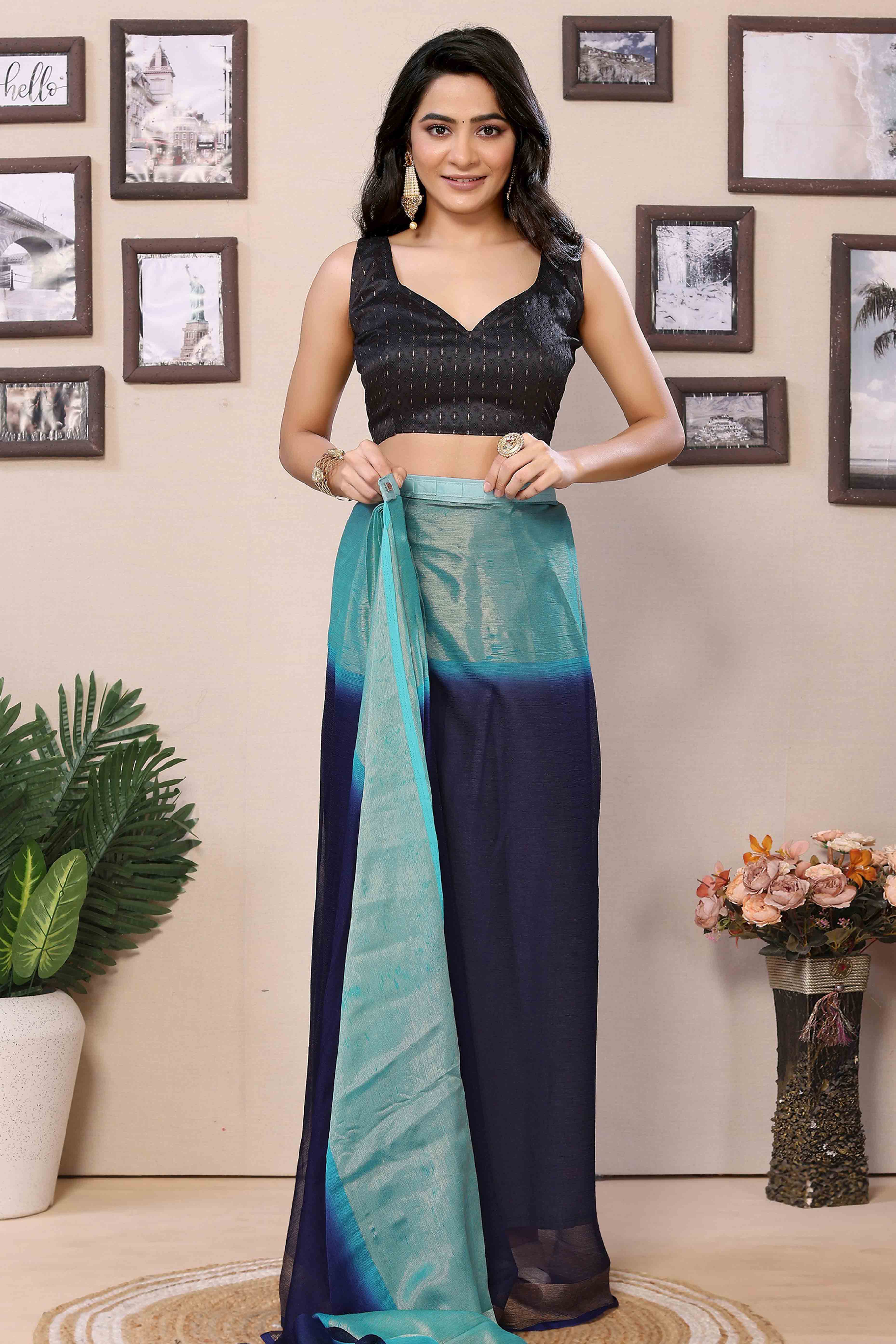 Navy Blue & Turquoise Solid With Zari Woven Border Chiffon Ready To Wear Ombre Saree